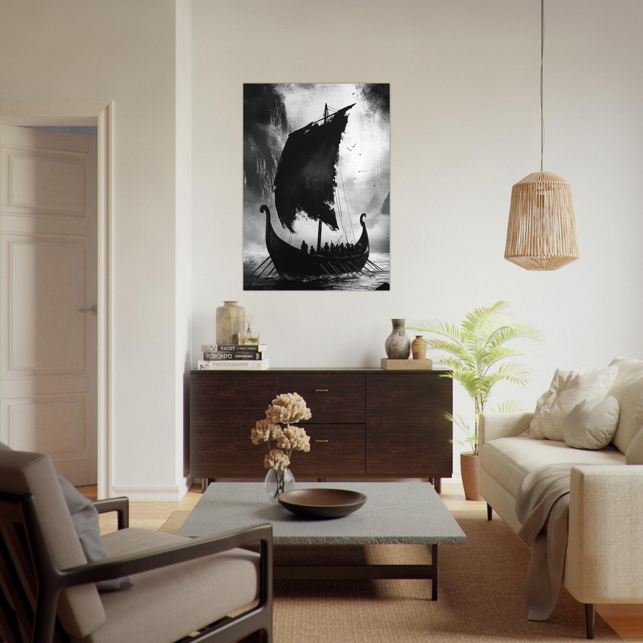 Fine Art Poster Portrait - The Ghostly Viking Longship Dark Nordic Ink Met - Shop Ai Art WebShop - Digital Art online Store