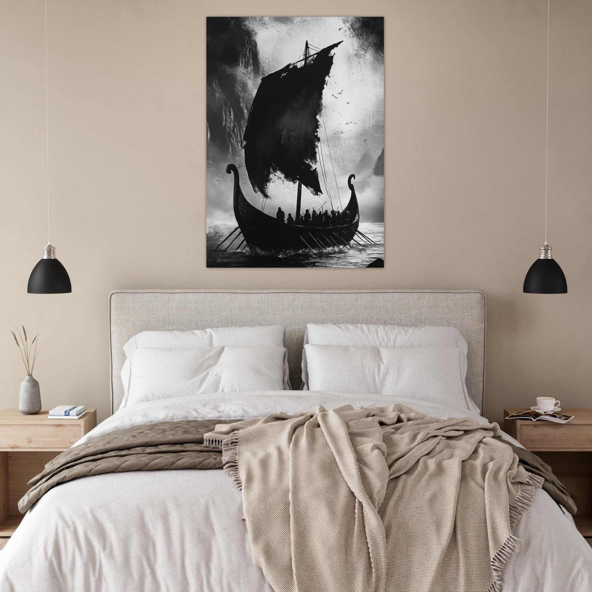 Fine Art Poster Portrait - The Ghostly Viking Longship Dark Nordic Ink Met - Shop Ai Art WebShop - Digital Art online Store