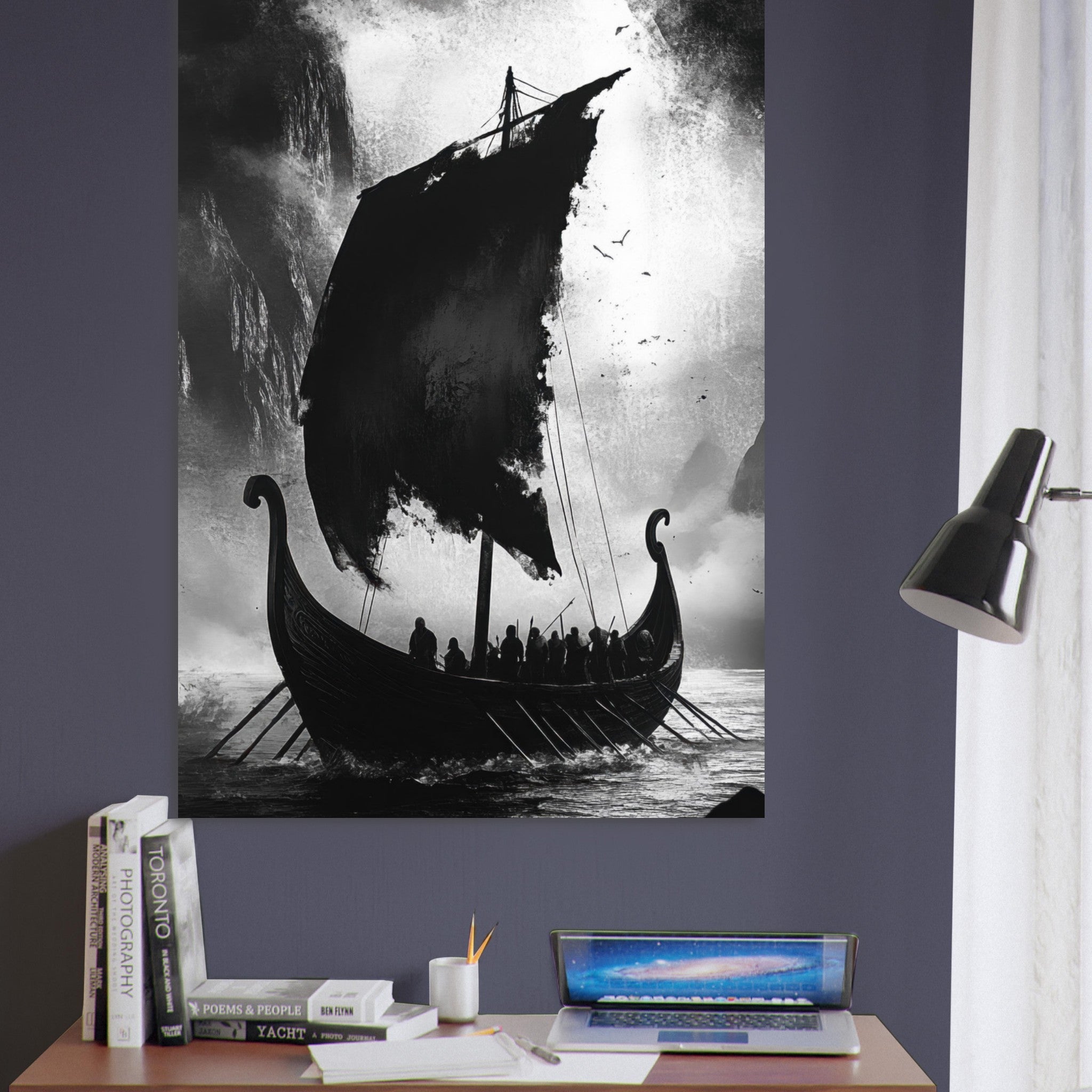 Fine Art Poster Portrait - The Ghostly Viking Longship Dark Nordic Ink Met - Shop Ai Art WebShop - Digital Art online Store