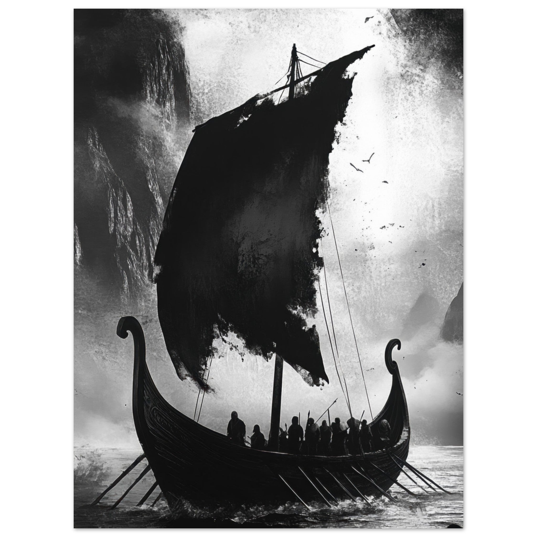 Fine Art Poster Portrait - The Ghostly Viking Longship Dark Nordic Ink Met - Shop Ai Art WebShop - Digital Art online Store
