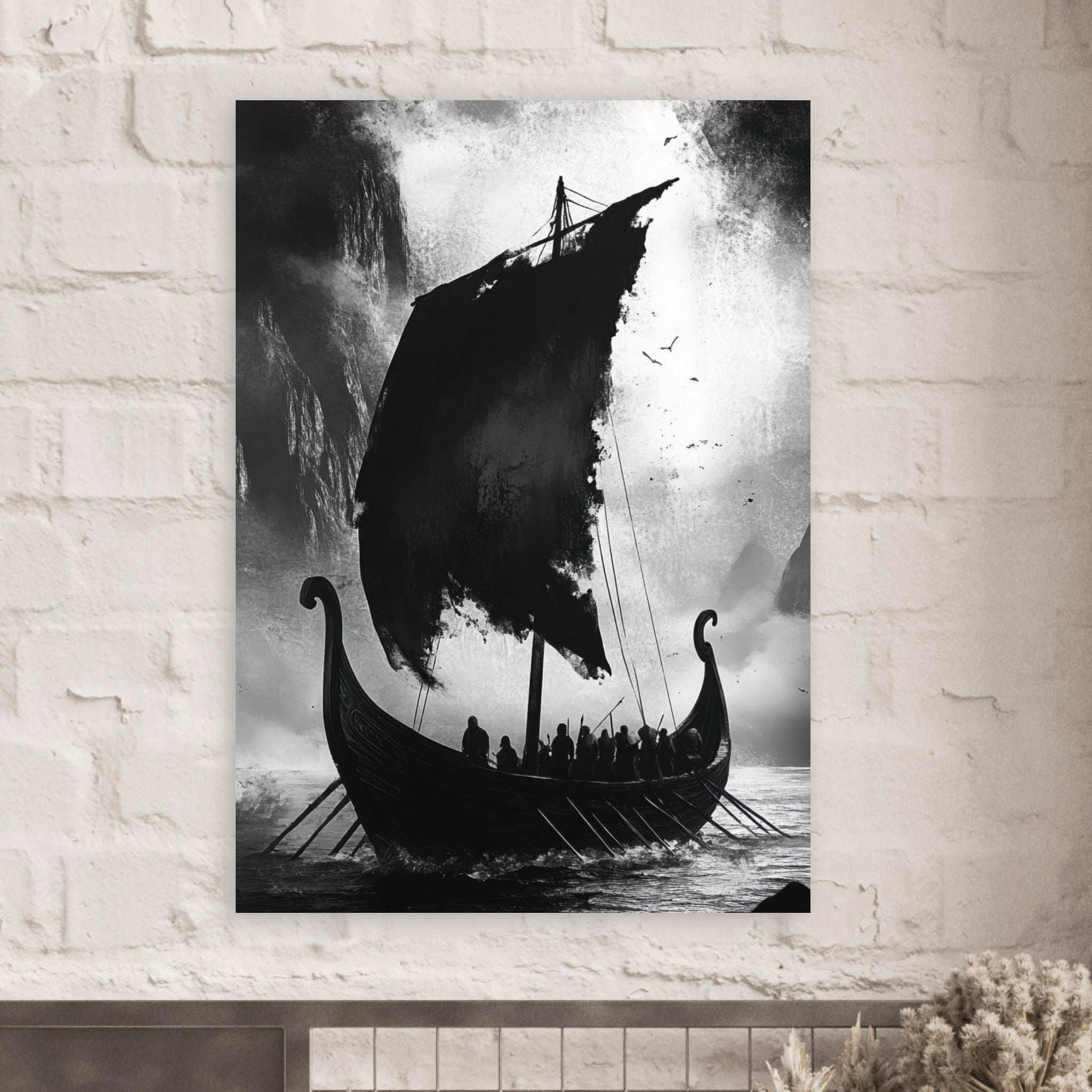 Fine Art Poster Portrait - The Ghostly Viking Longship Dark Nordic Ink Met - Shop Ai Art WebShop - Digital Art online Store