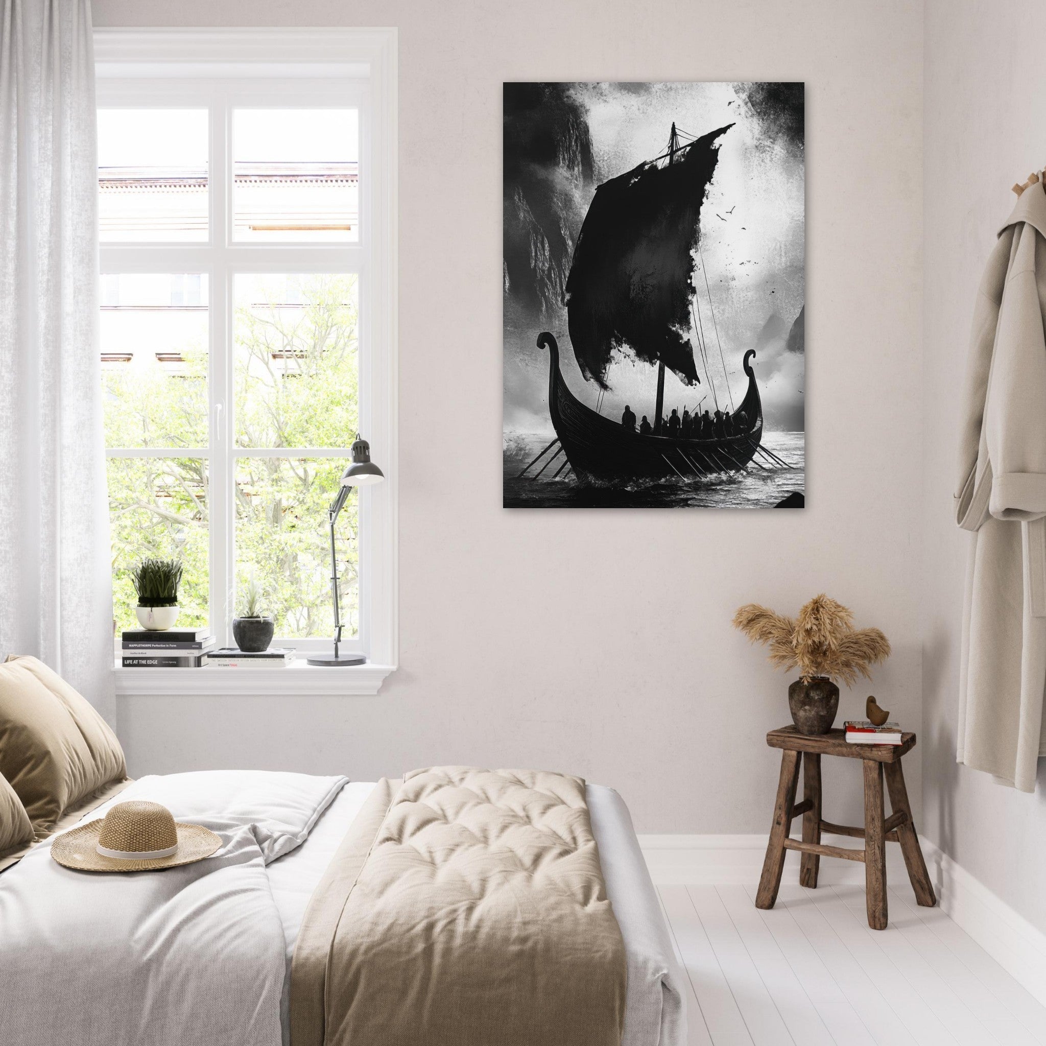 Fine Art Poster Portrait - The Ghostly Viking Longship Dark Nordic Ink Met - Shop Ai Art WebShop - Digital Art online Store