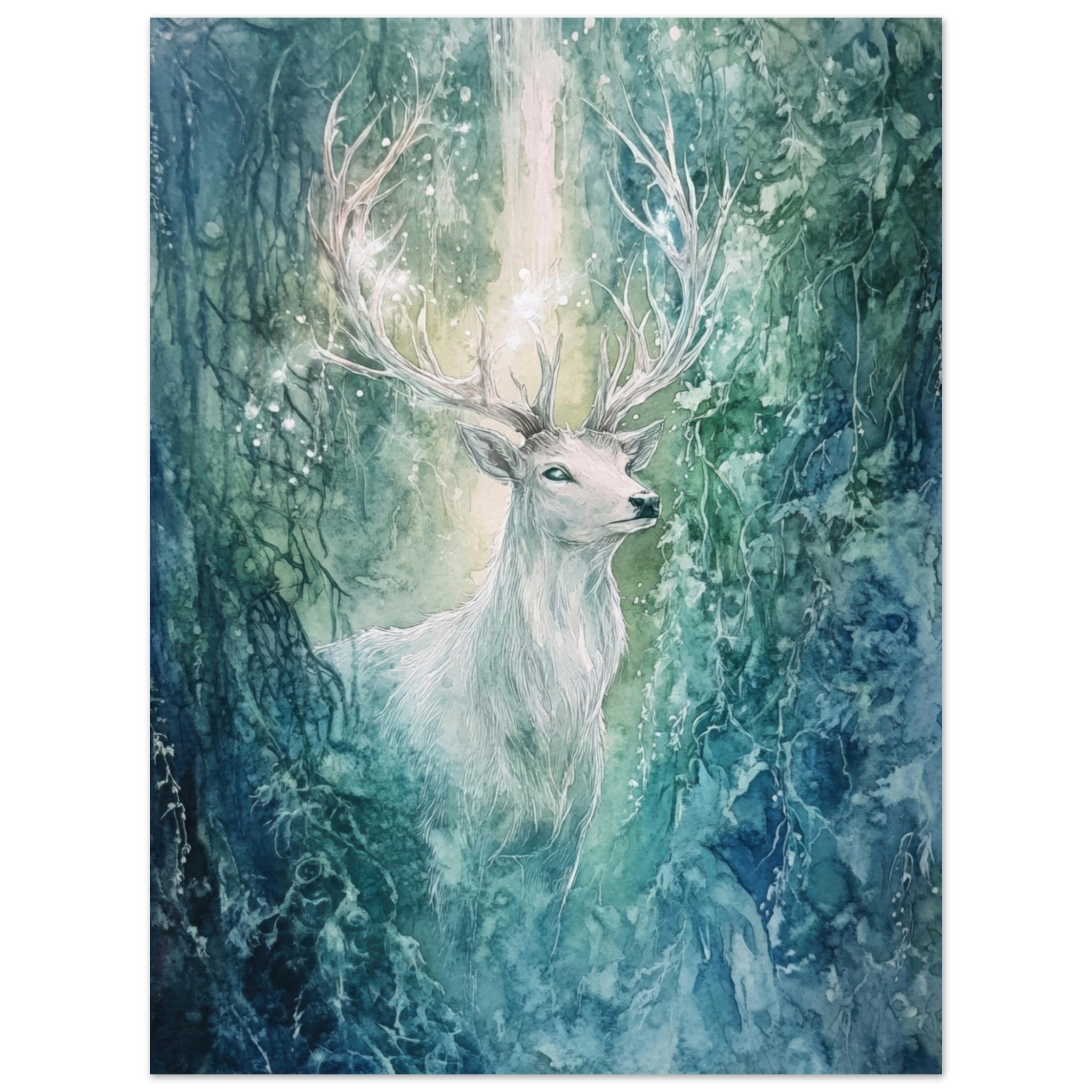 Fine Art Poster Portrait - The Silver Stag of the Enchanted Glade Fantasy 2 - Shop Ai Art WebShop - Digital Art online Store