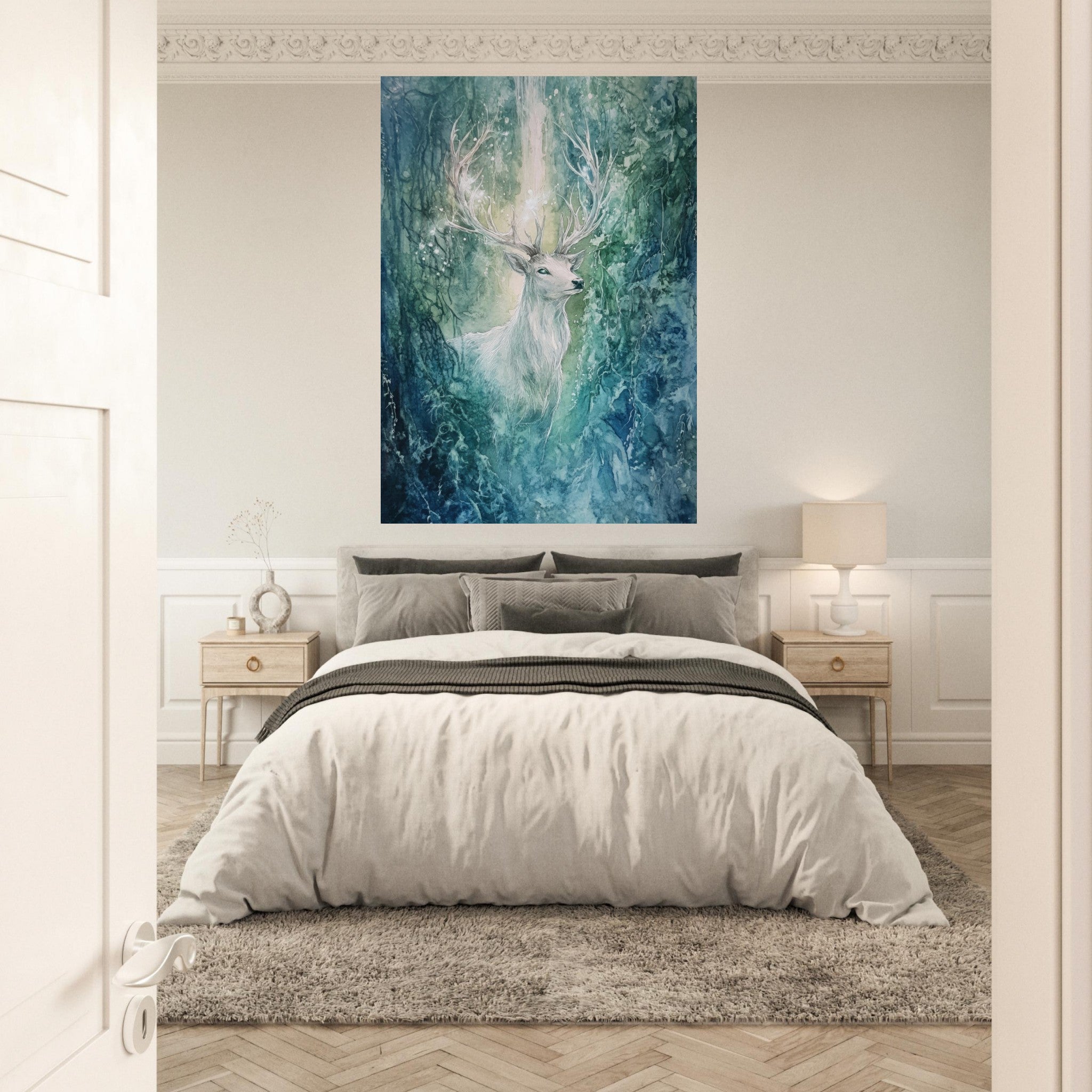 Fine Art Poster Portrait - The Silver Stag of the Enchanted Glade Fantasy 2 - Shop Ai Art WebShop - Digital Art online Store
