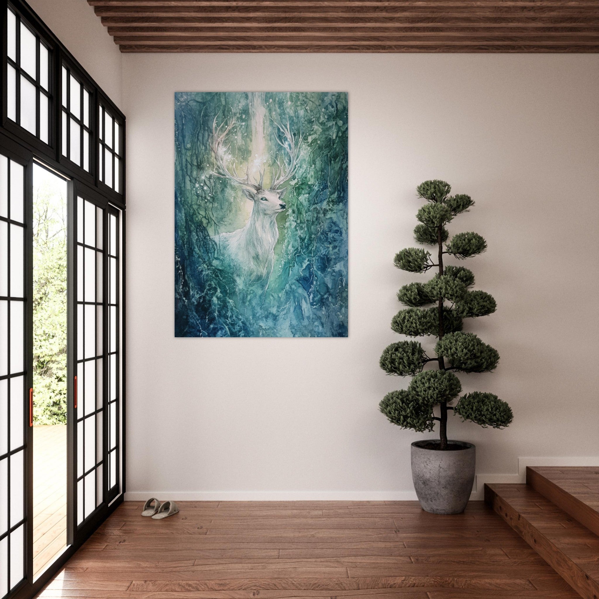 Fine Art Poster Portrait - The Silver Stag of the Enchanted Glade Fantasy 2 - Shop Ai Art WebShop - Digital Art online Store
