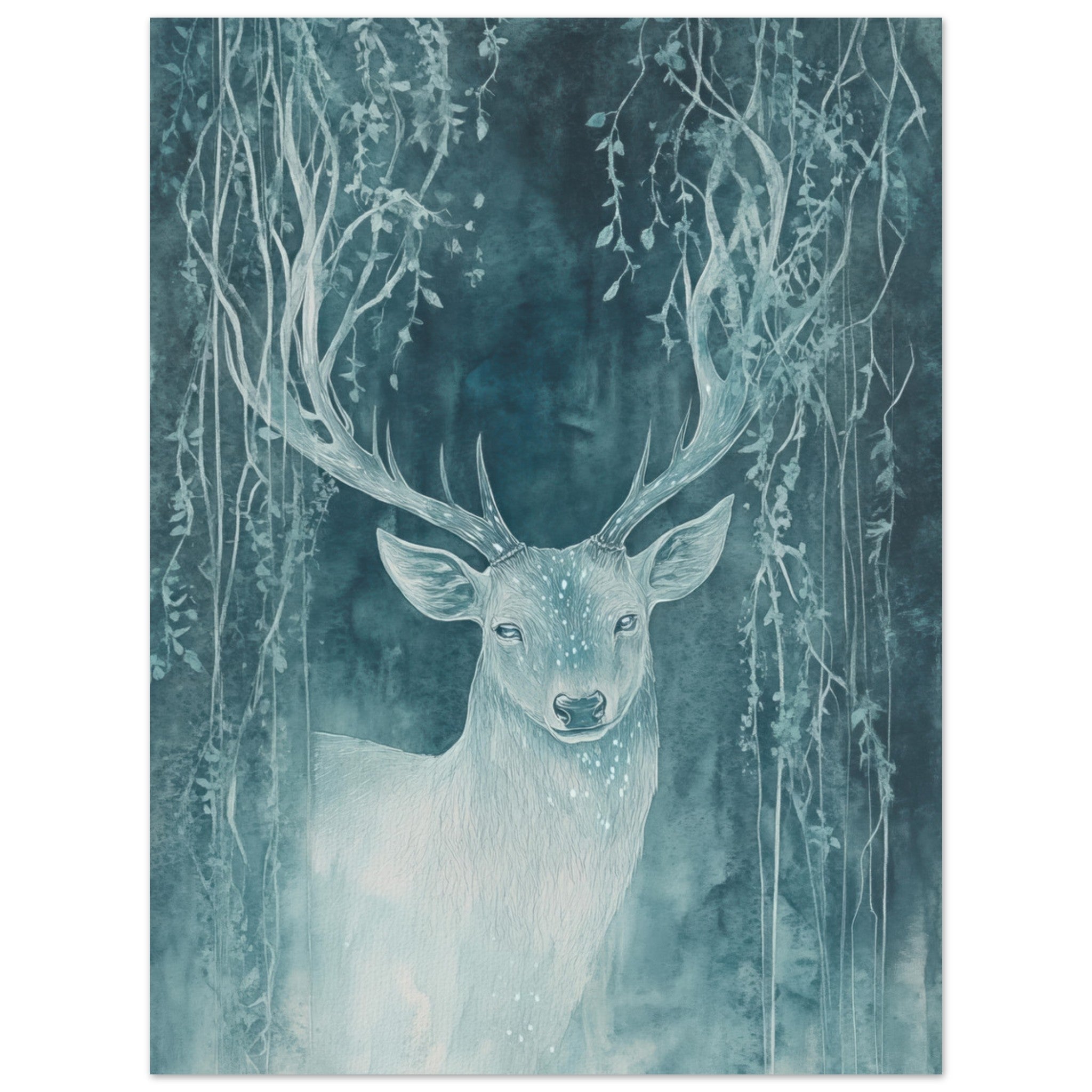 Fine Art Poster Portrait - The Silver Stag of the Enchanted Glade Fantasy 3 - Shop Ai Art WebShop - Digital Art online Store
