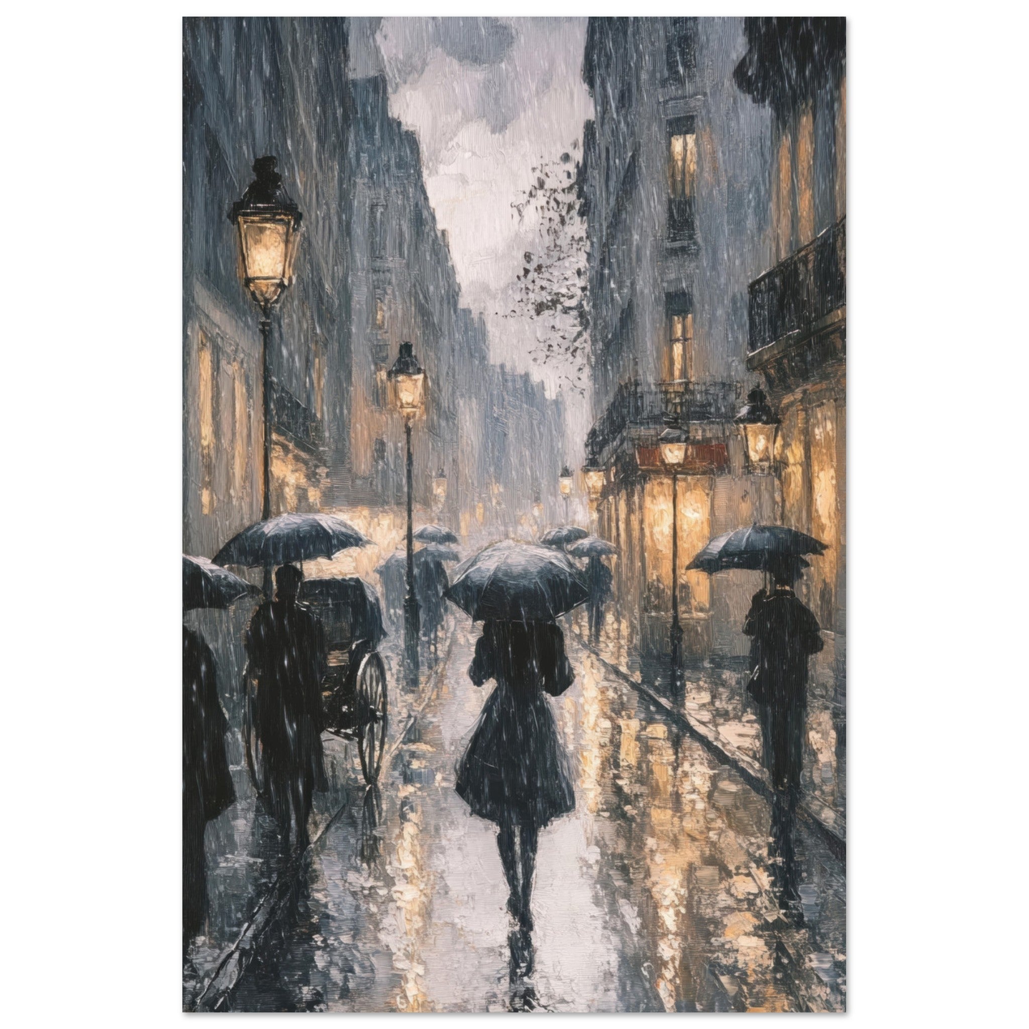 Fine Art Poster Portrait - Urban Rain Scene A rainy Parisian street in the 3 - Shop Ai Art WebShop - Digital Art online Store
