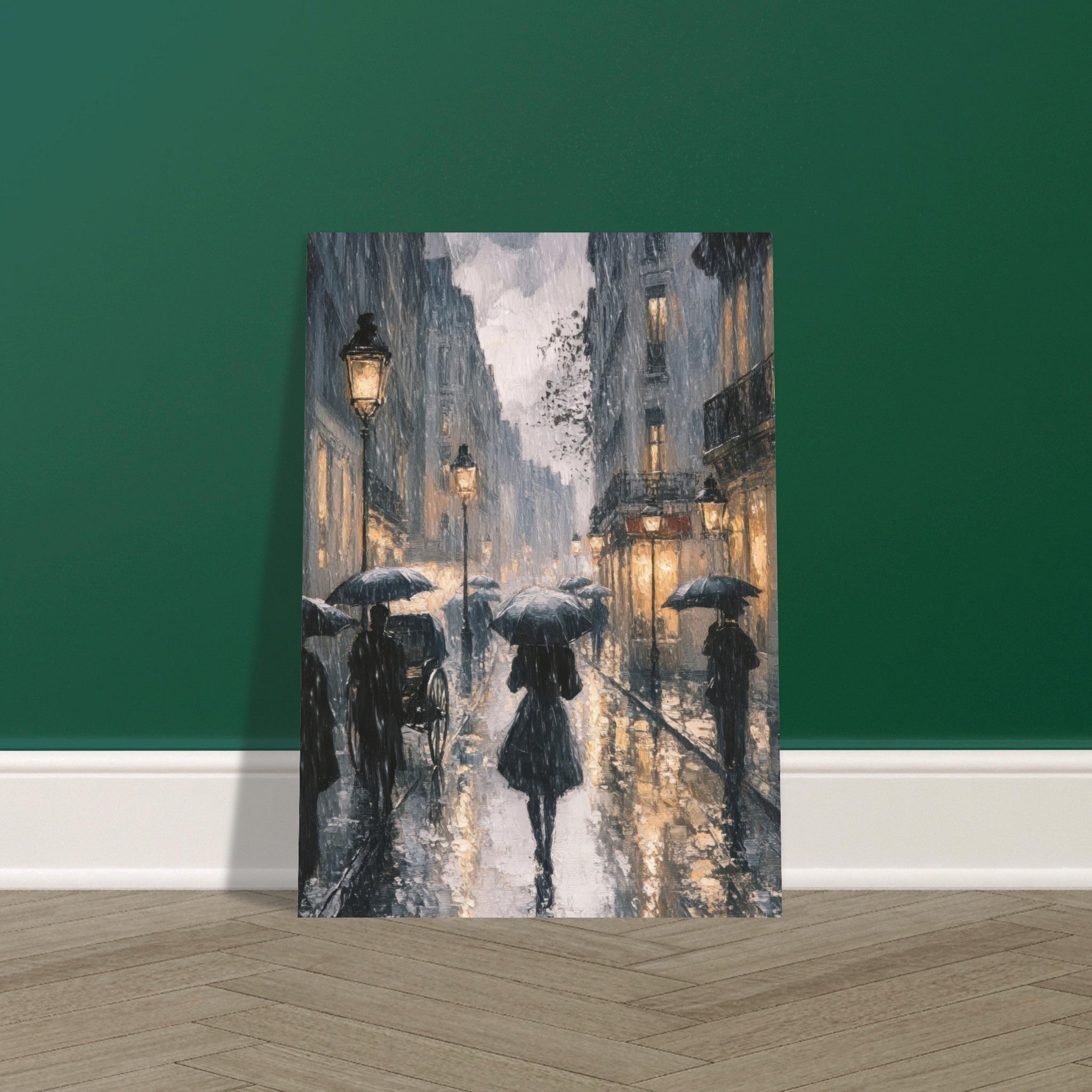 Fine Art Poster Portrait - Urban Rain Scene A rainy Parisian street in the 3 - Shop Ai Art WebShop - Digital Art online Store