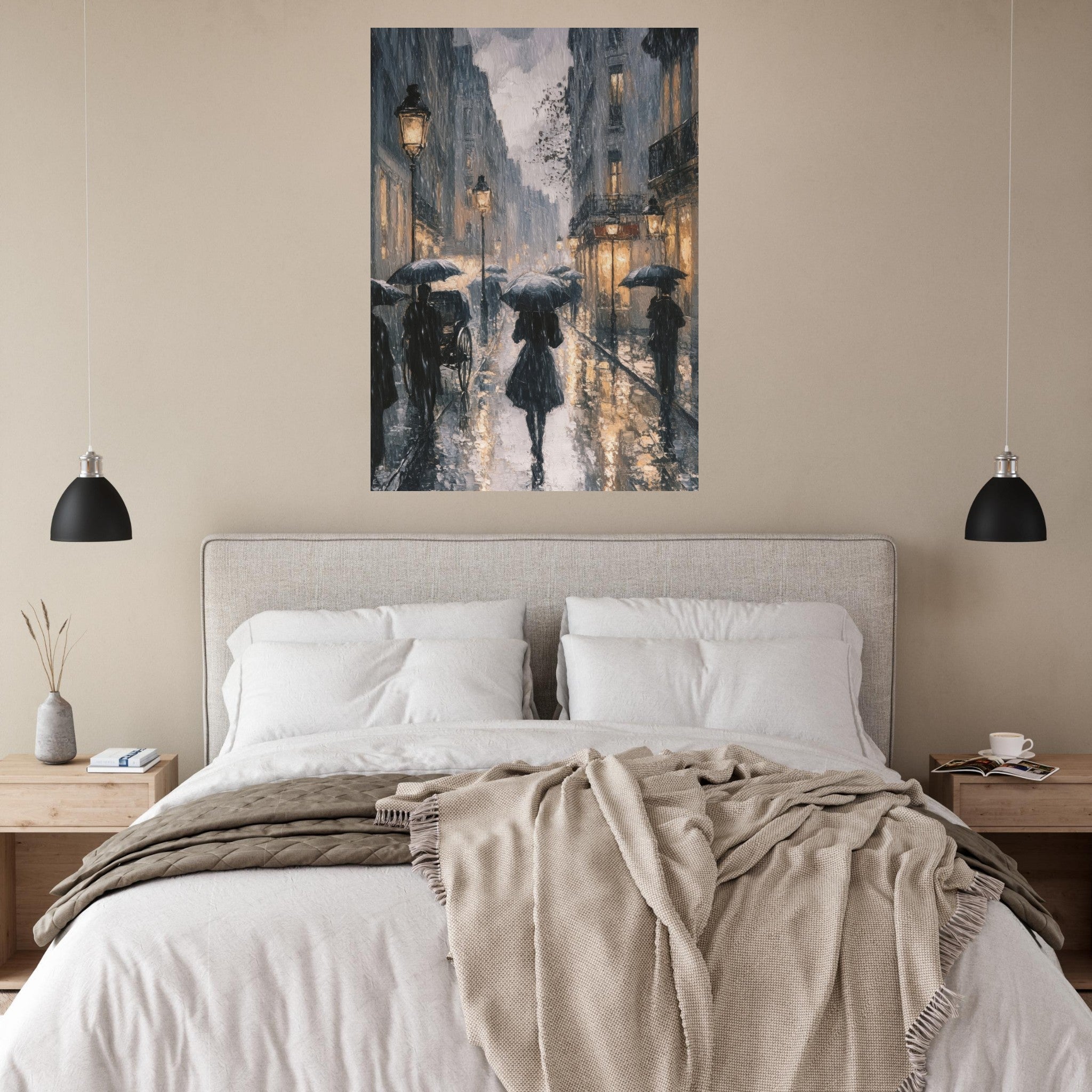 Fine Art Poster Portrait - Urban Rain Scene A rainy Parisian street in the 3 - Shop Ai Art WebShop - Digital Art online Store