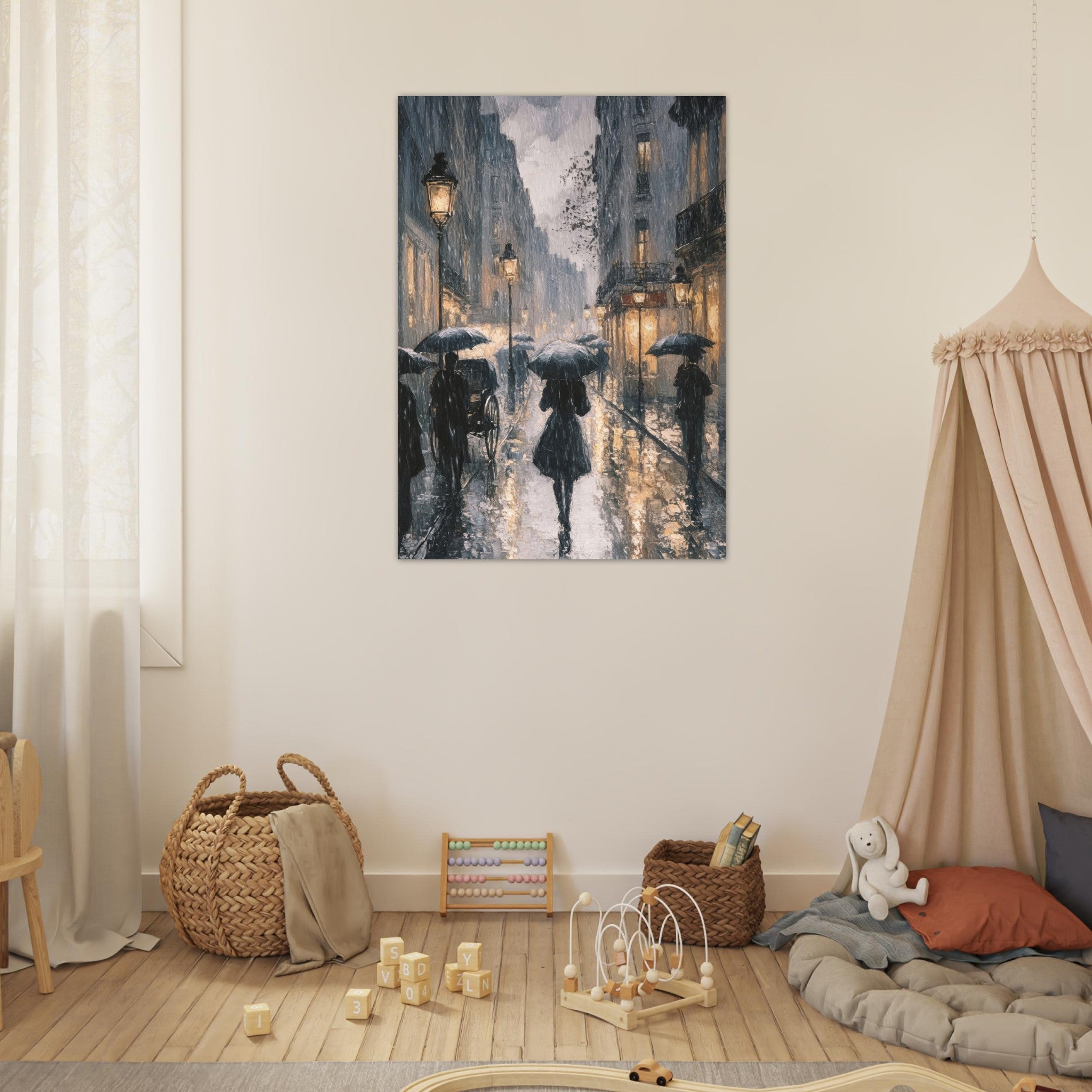 Fine Art Poster Portrait - Urban Rain Scene A rainy Parisian street in the 3 - Shop Ai Art WebShop - Digital Art online Store