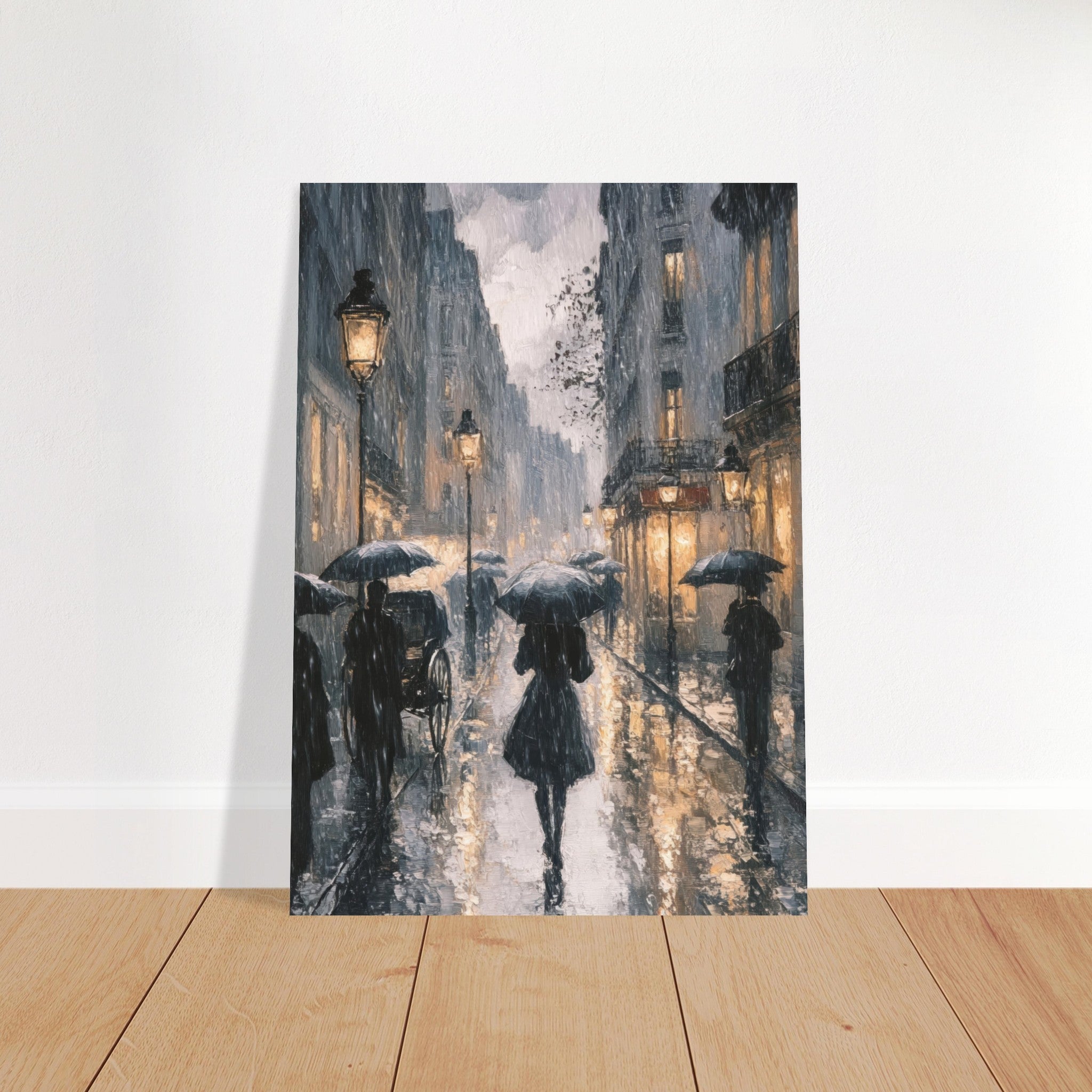 Fine Art Poster Portrait - Urban Rain Scene A rainy Parisian street in the 3 - Shop Ai Art WebShop - Digital Art online Store