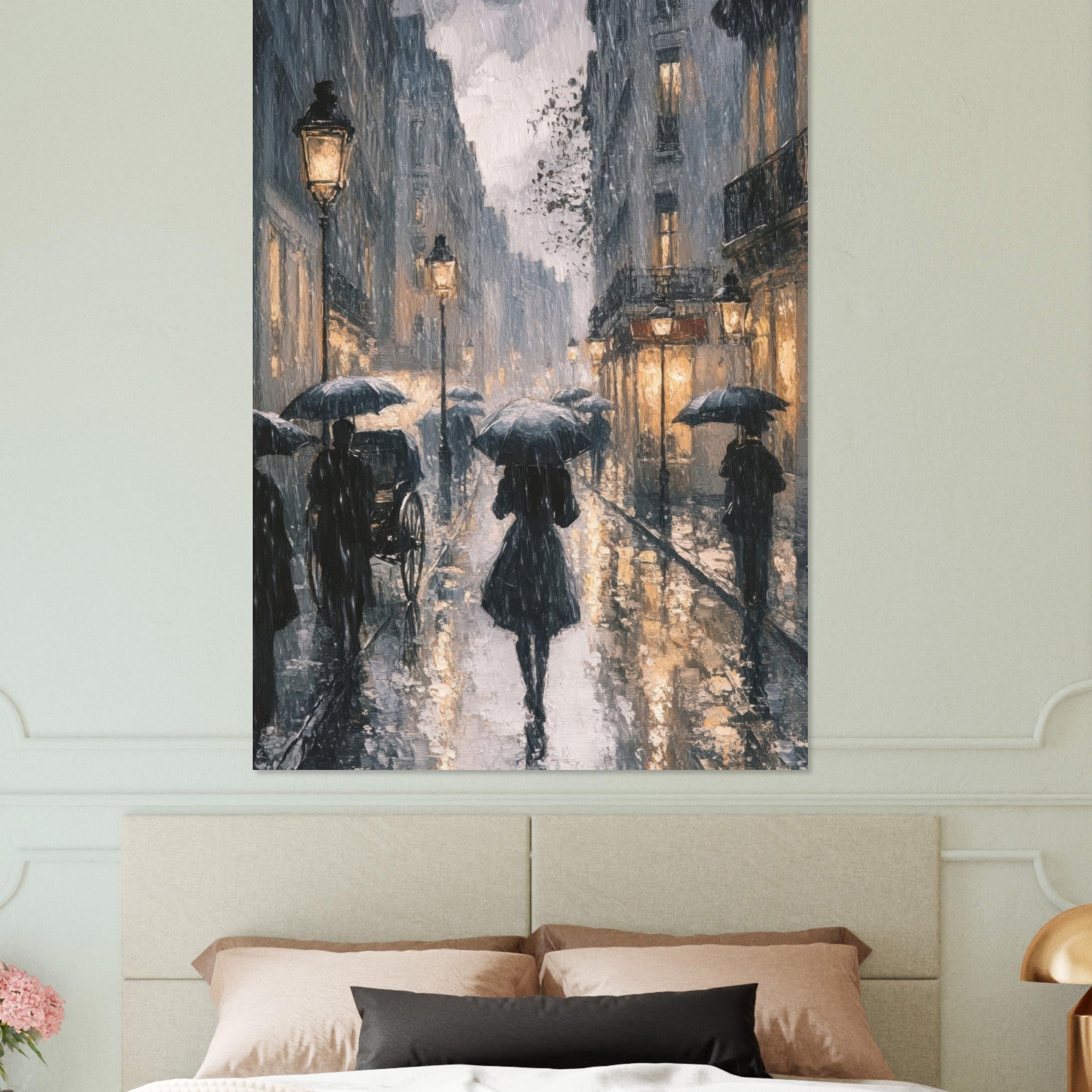 Fine Art Poster Portrait - Urban Rain Scene A rainy Parisian street in the 3 - Shop Ai Art WebShop - Digital Art online Store