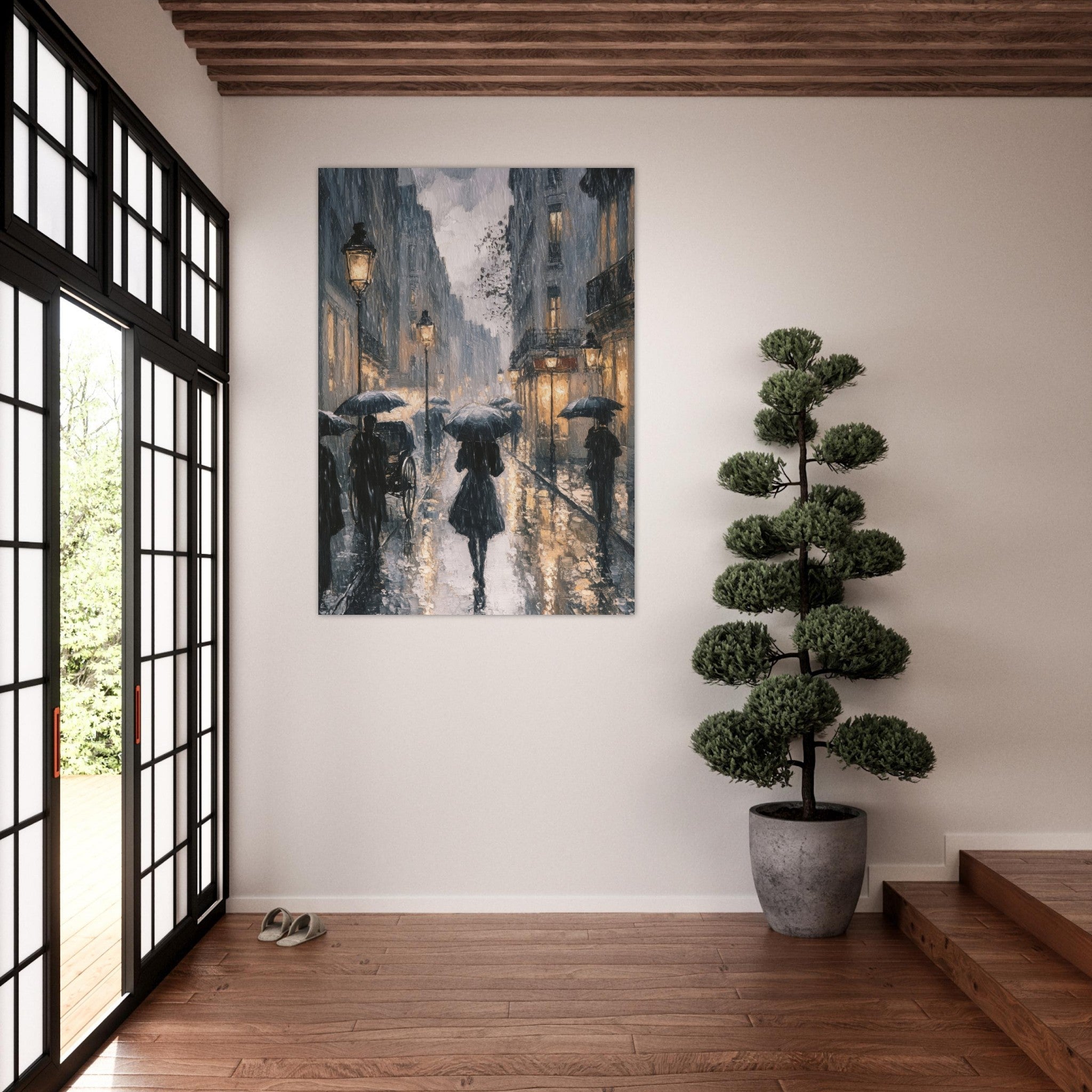 Fine Art Poster Portrait - Urban Rain Scene A rainy Parisian street in the 3 - Shop Ai Art WebShop - Digital Art online Store