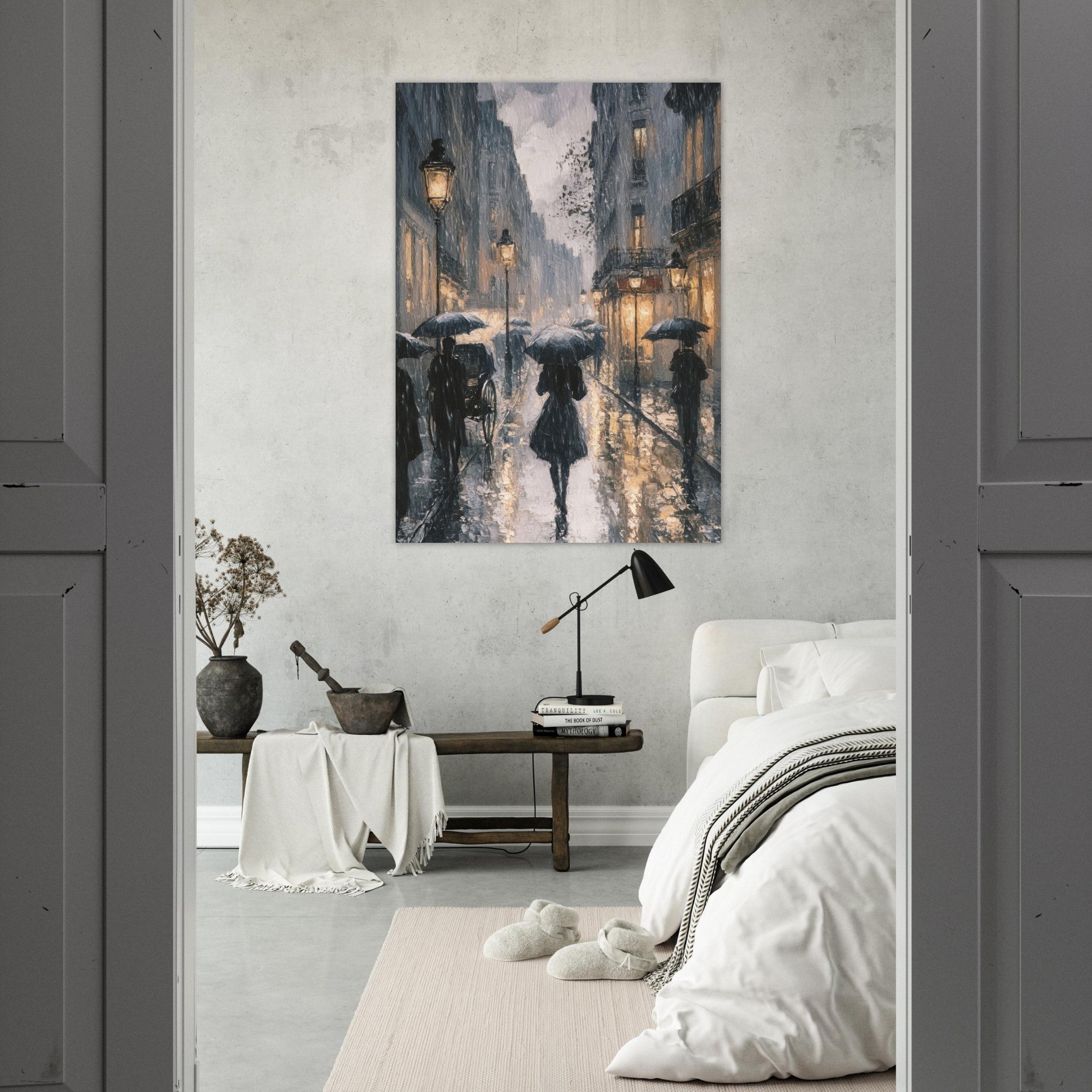 Fine Art Poster Portrait - Urban Rain Scene A rainy Parisian street in the 3 - Shop Ai Art WebShop - Digital Art online Store