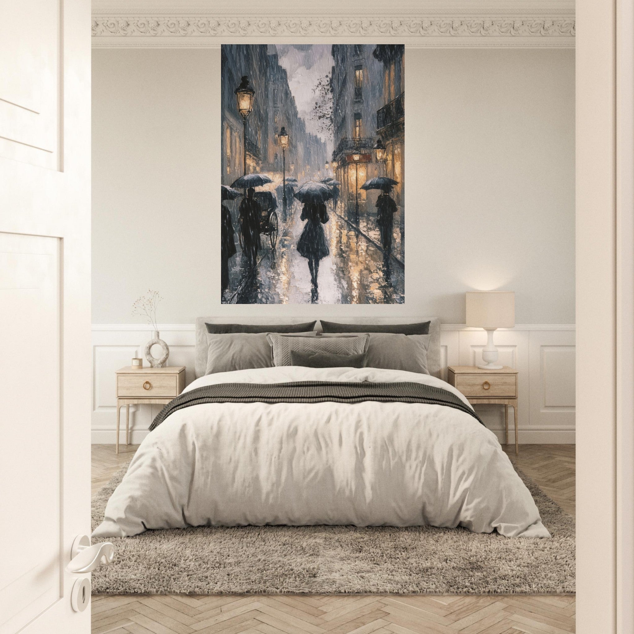 Fine Art Poster Portrait - Urban Rain Scene A rainy Parisian street in the 3 - Shop Ai Art WebShop - Digital Art online Store