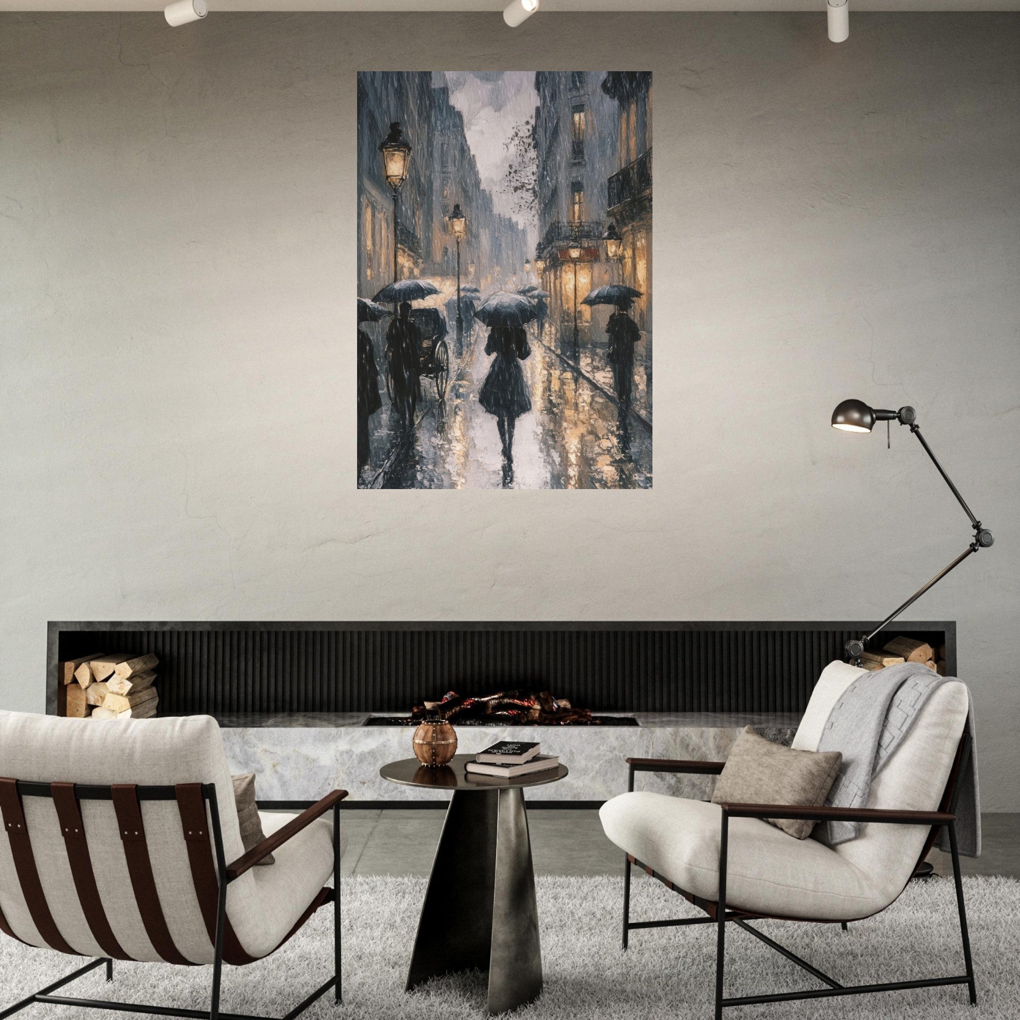Fine Art Poster Portrait - Urban Rain Scene A rainy Parisian street in the 3 - Shop Ai Art WebShop - Digital Art online Store