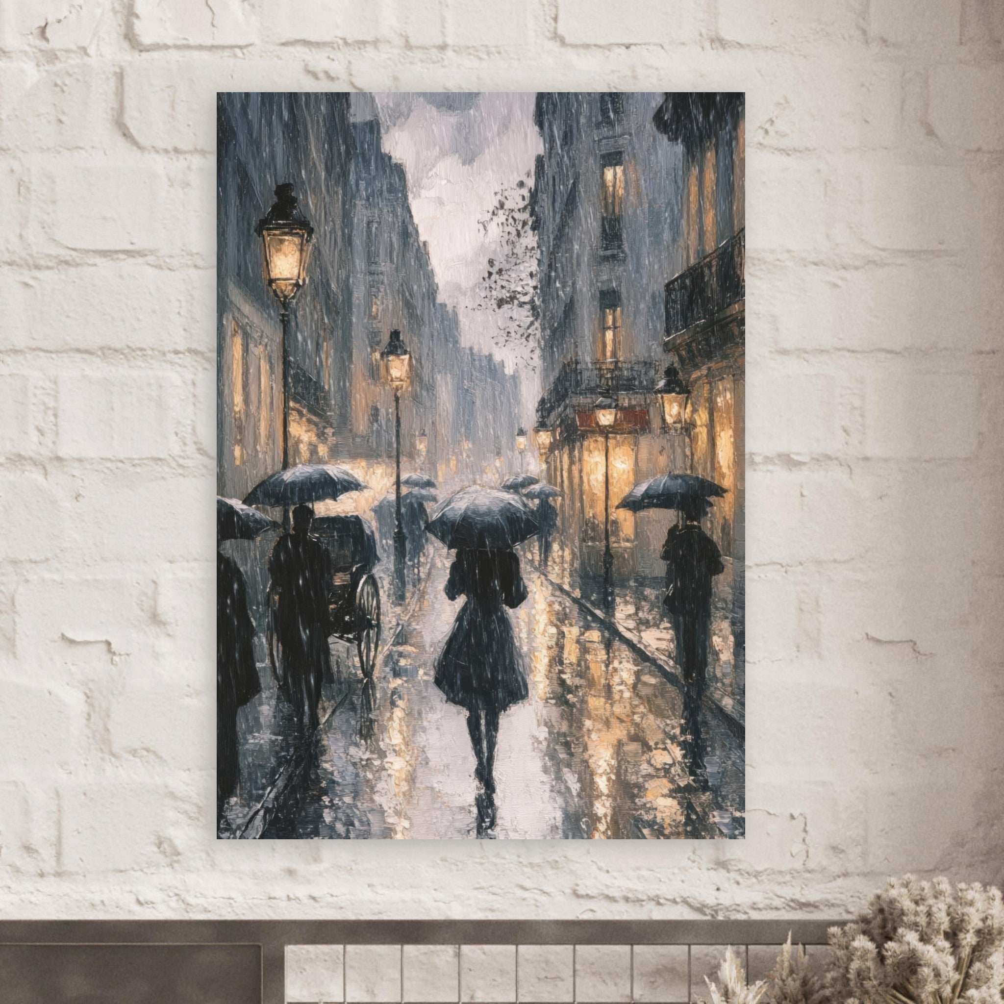 Fine Art Poster Portrait - Urban Rain Scene A rainy Parisian street in the 3 - Shop Ai Art WebShop - Digital Art online Store