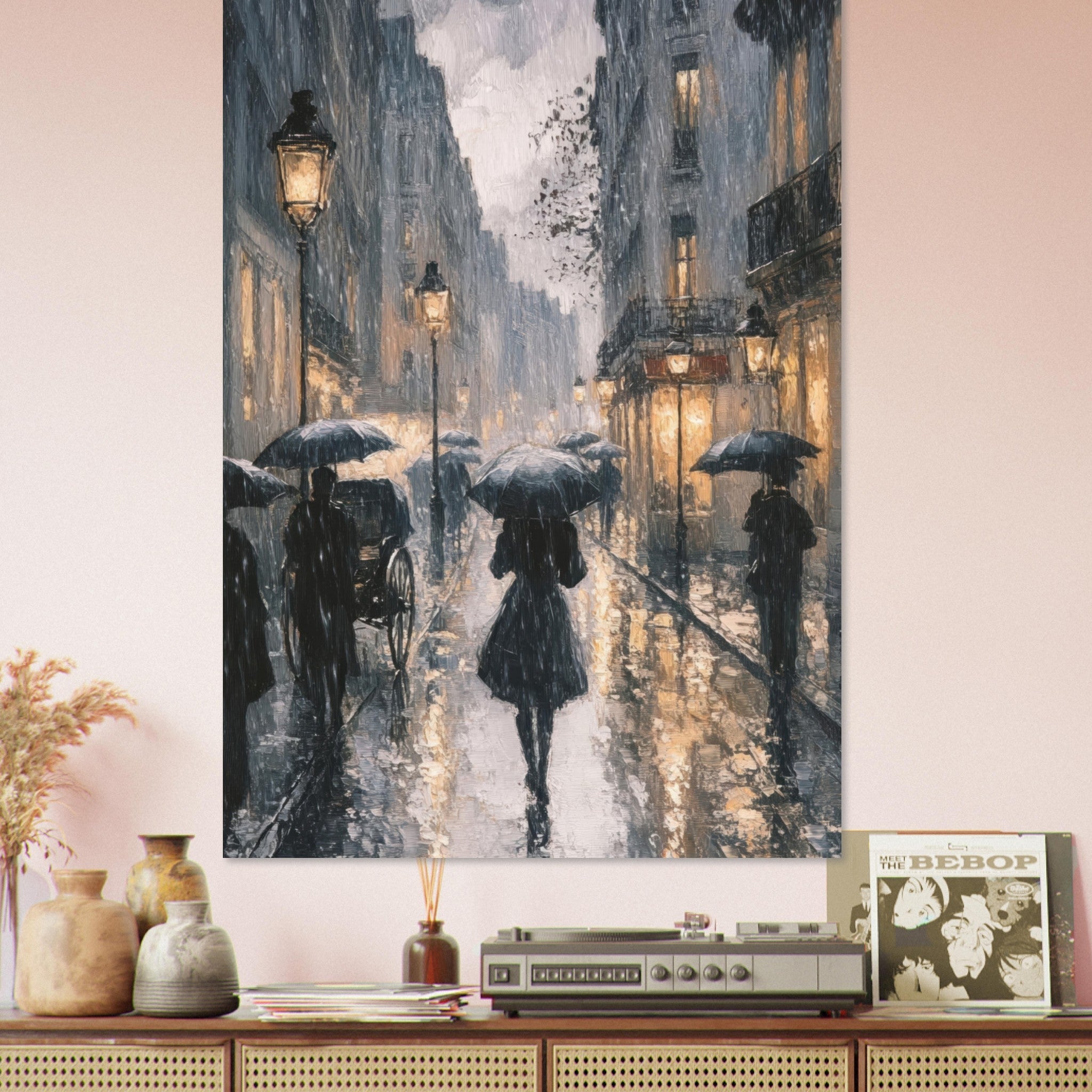 Fine Art Poster Portrait - Urban Rain Scene A rainy Parisian street in the 3 - Shop Ai Art WebShop - Digital Art online Store