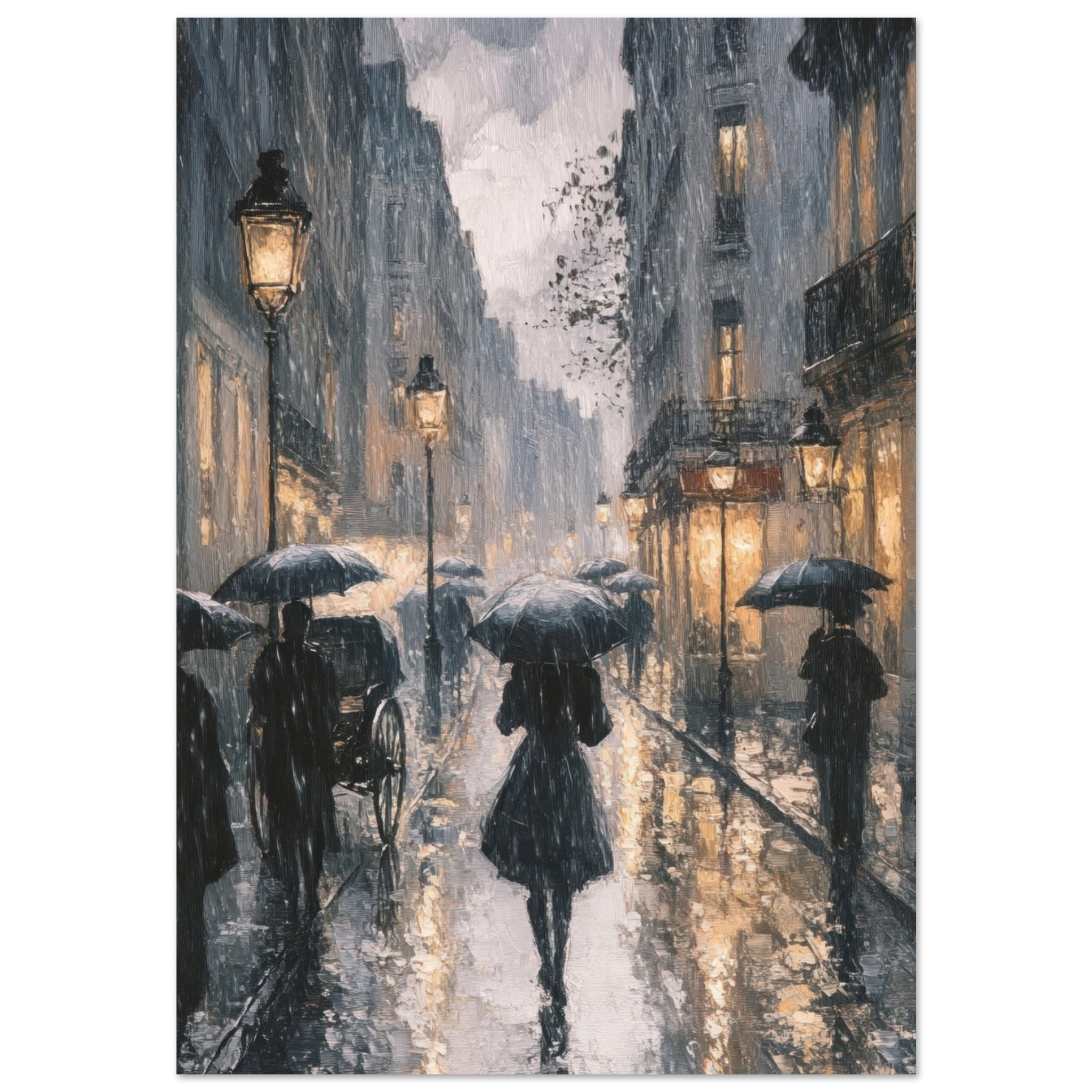 Fine Art Poster Portrait - Urban Rain Scene A rainy Parisian street in the 3 - Shop Ai Art WebShop - Digital Art online Store