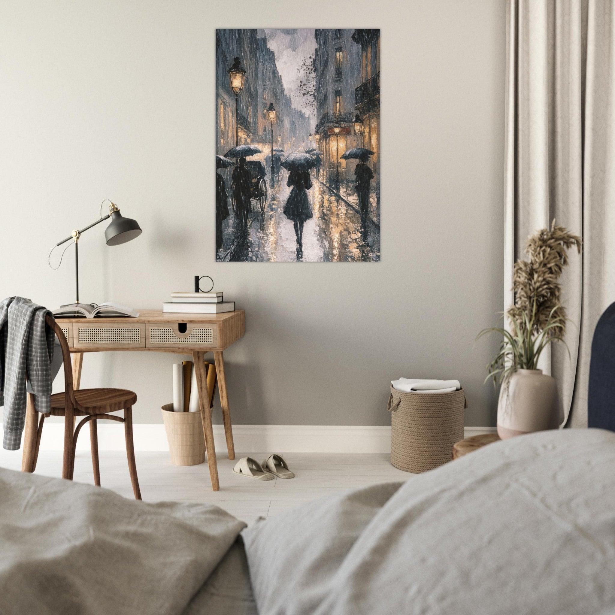 Fine Art Poster Portrait - Urban Rain Scene A rainy Parisian street in the 3 - Shop Ai Art WebShop - Digital Art online Store