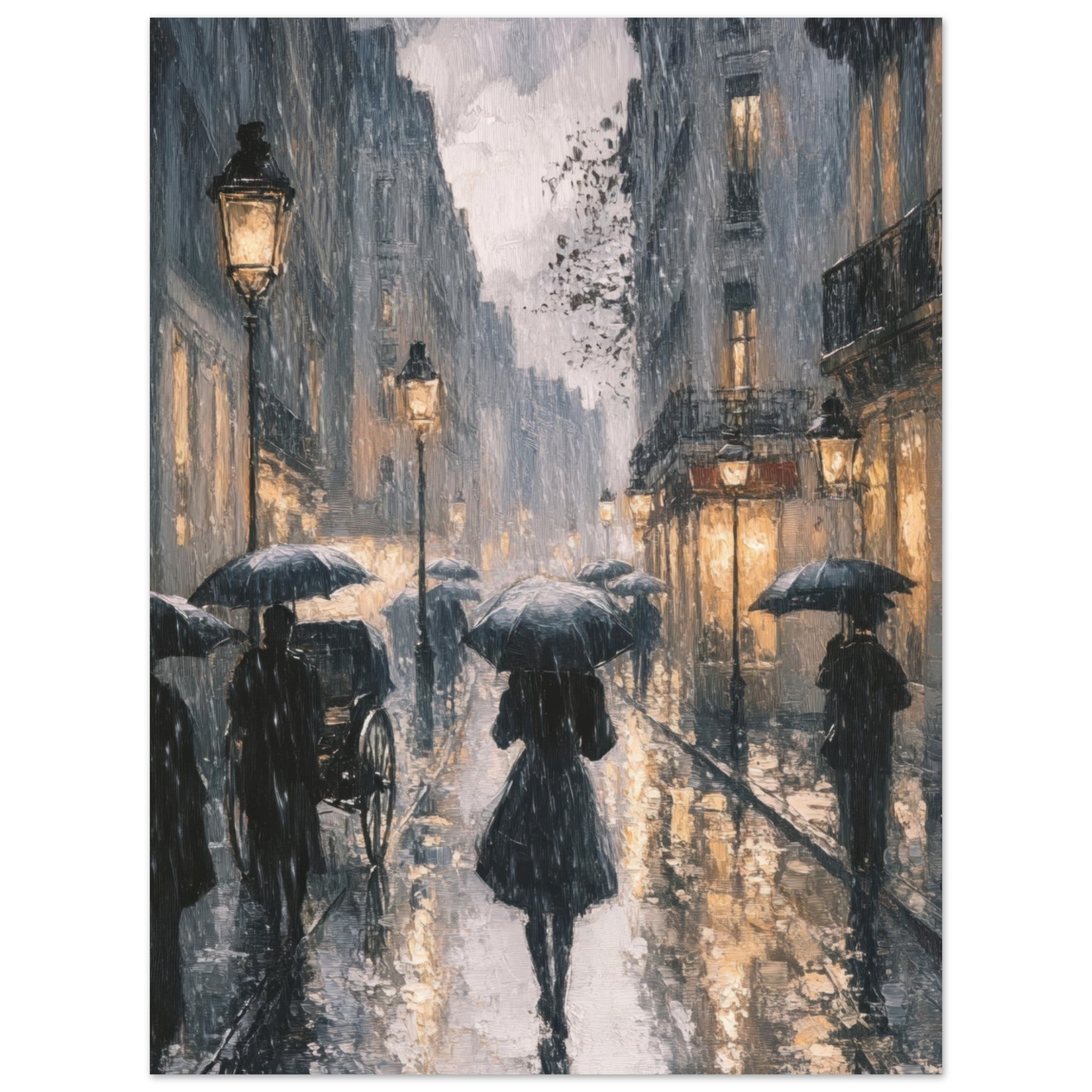 Fine Art Poster Portrait - Urban Rain Scene A rainy Parisian street in the 3 - Shop Ai Art WebShop - Digital Art online Store