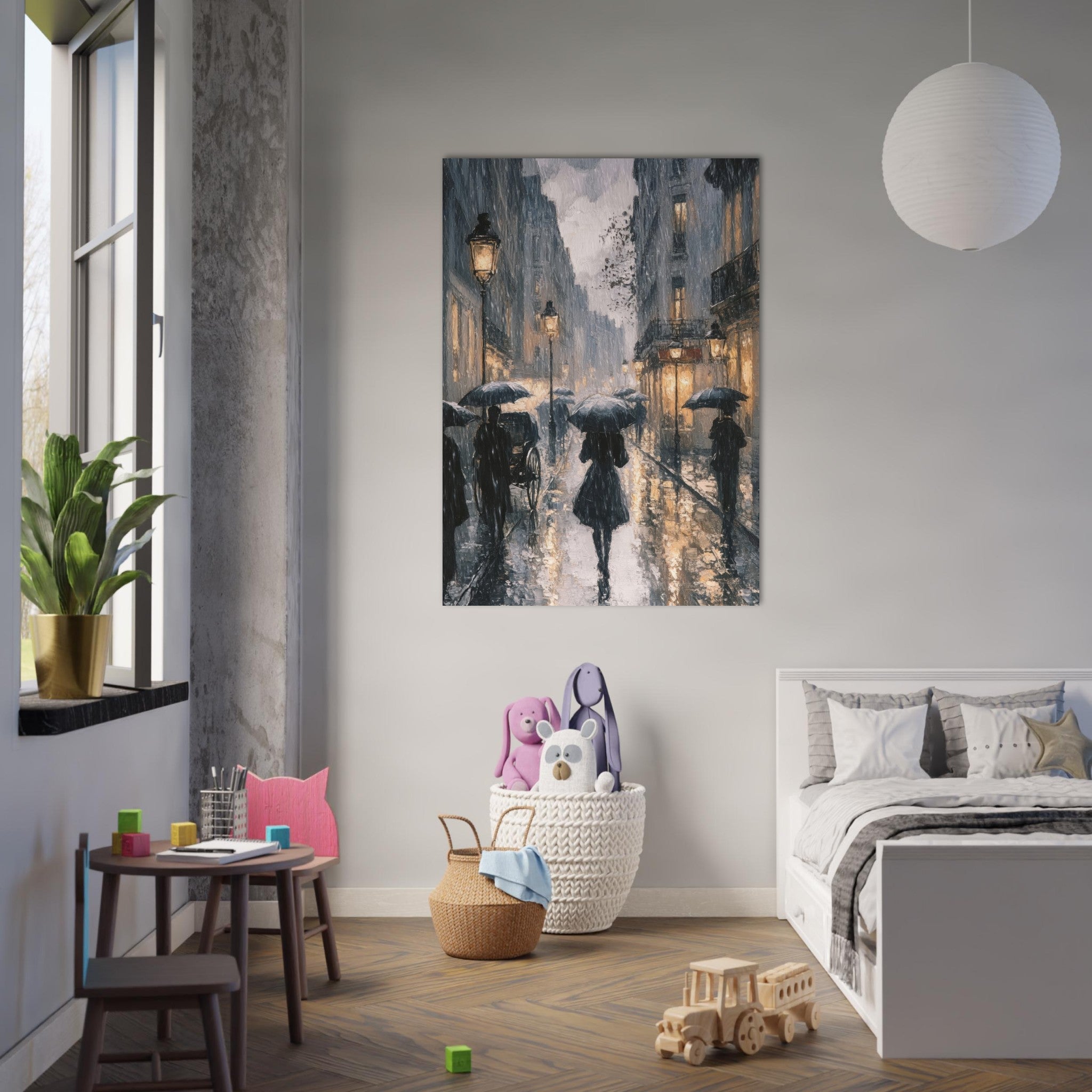 Fine Art Poster Portrait - Urban Rain Scene A rainy Parisian street in the 3 - Shop Ai Art WebShop - Digital Art online Store