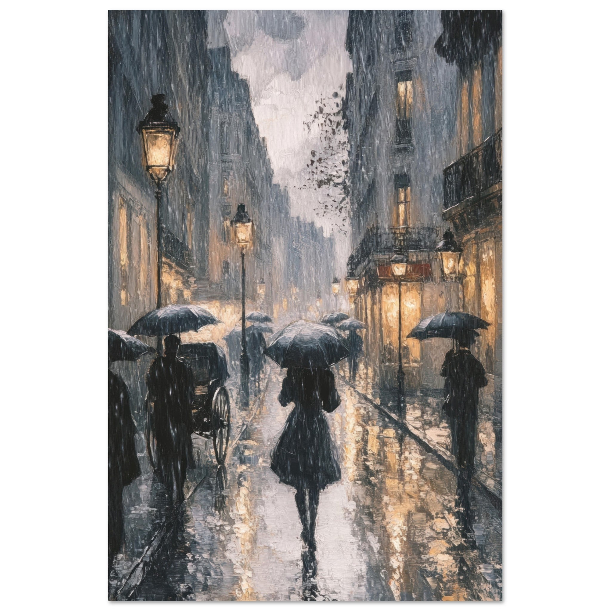 Fine Art Poster Portrait - Urban Rain Scene A rainy Parisian street in the 3 - Shop Ai Art WebShop - Digital Art online Store