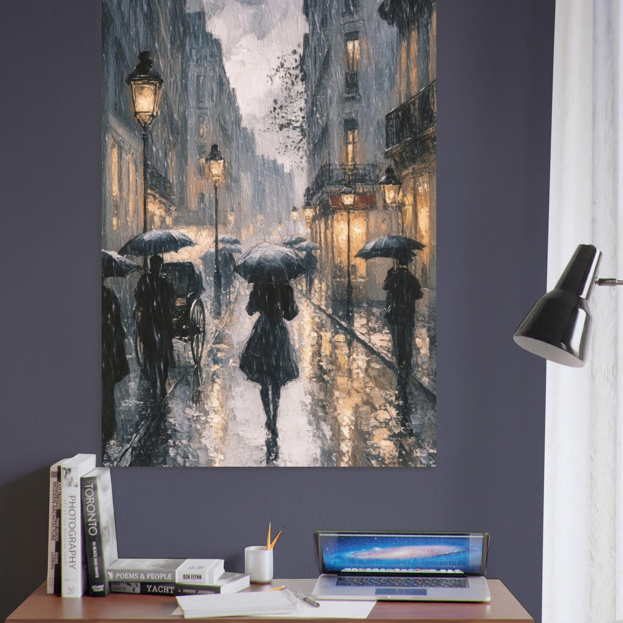 Fine Art Poster Portrait - Urban Rain Scene A rainy Parisian street in the 3 - Shop Ai Art WebShop - Digital Art online Store