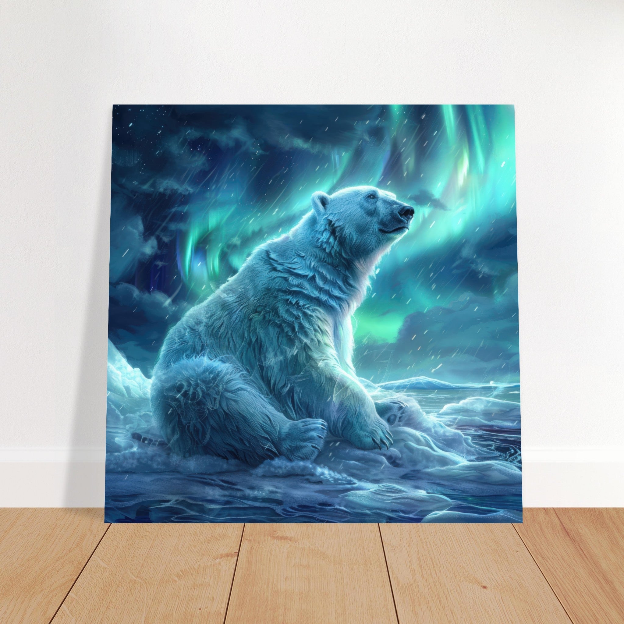Fine Art Poster Square - Polar Bear in the cold Night Enjoying the Northern Lights - Shop Ai Art WebShop - Digital Art online Store