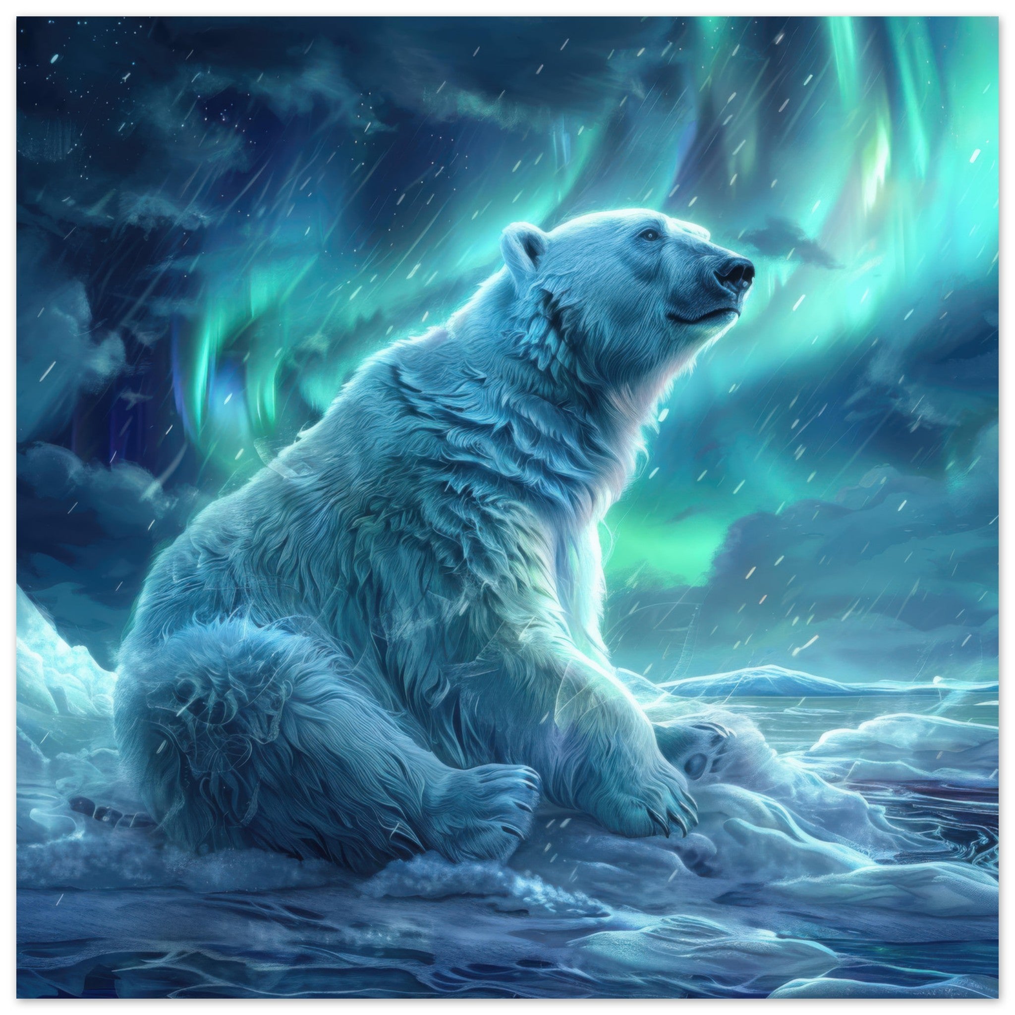 Fine Art Poster Square - Polar Bear in the cold Night Enjoying the Northern Lights - Shop Ai Art WebShop - Digital Art online Store