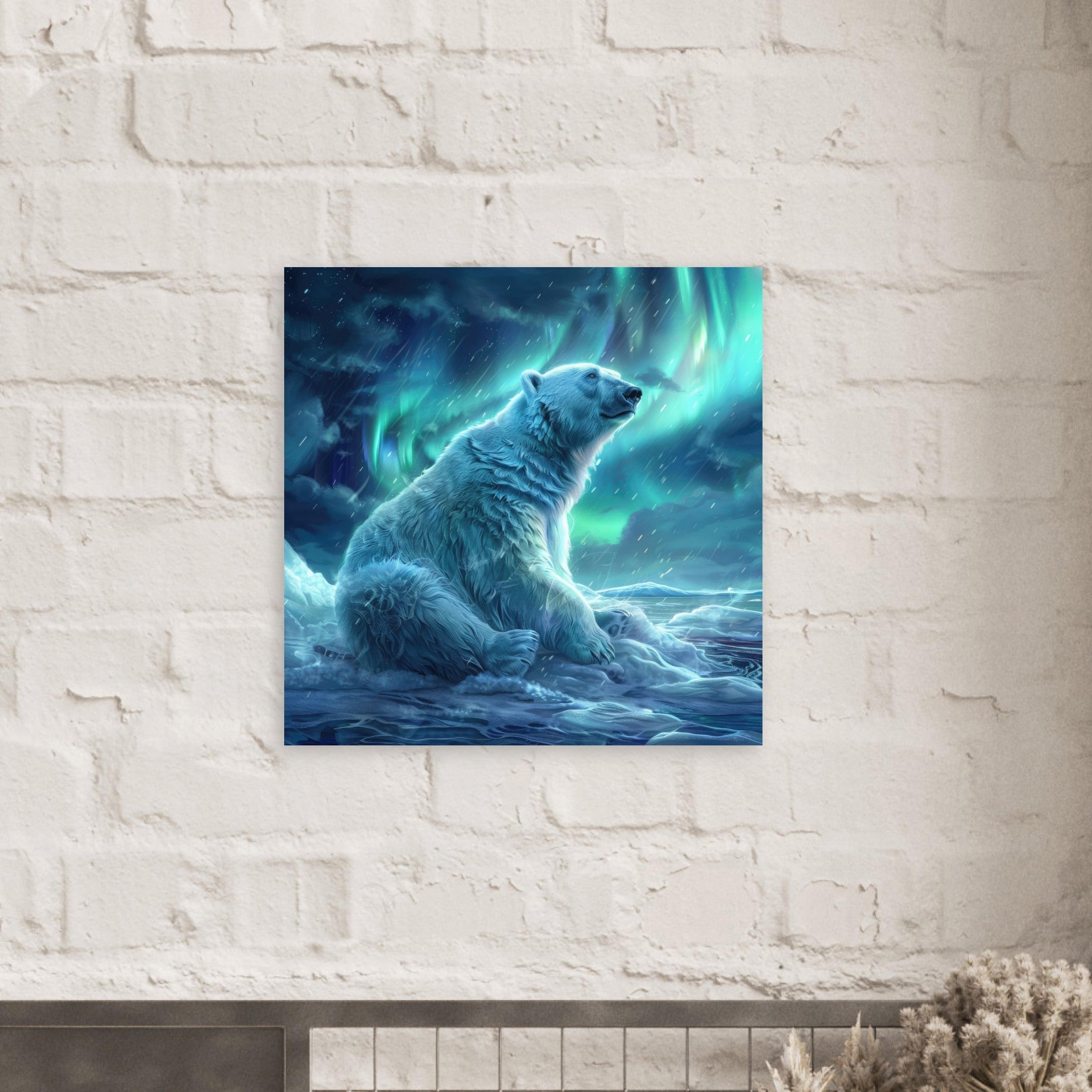 Fine Art Poster Square - Polar Bear in the cold Night Enjoying the Northern Lights - Shop Ai Art WebShop - Digital Art online Store