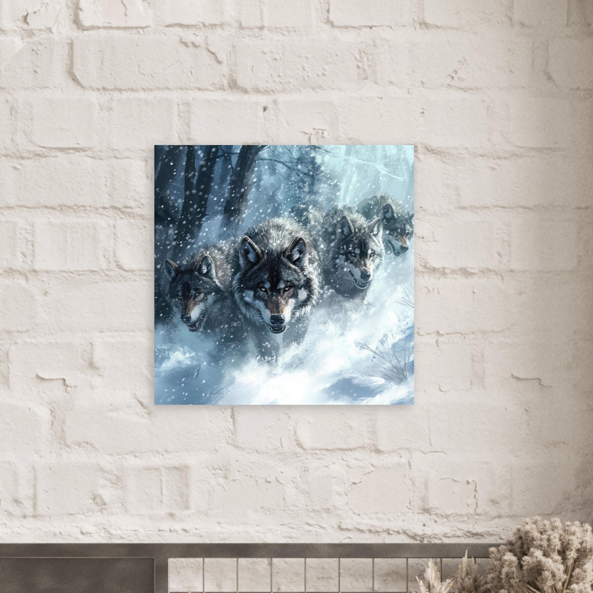 Fine Art Poster Square - Wolf Pack in the Snowy Wilderness - Shop Ai Art WebShop - Digital Art online Store