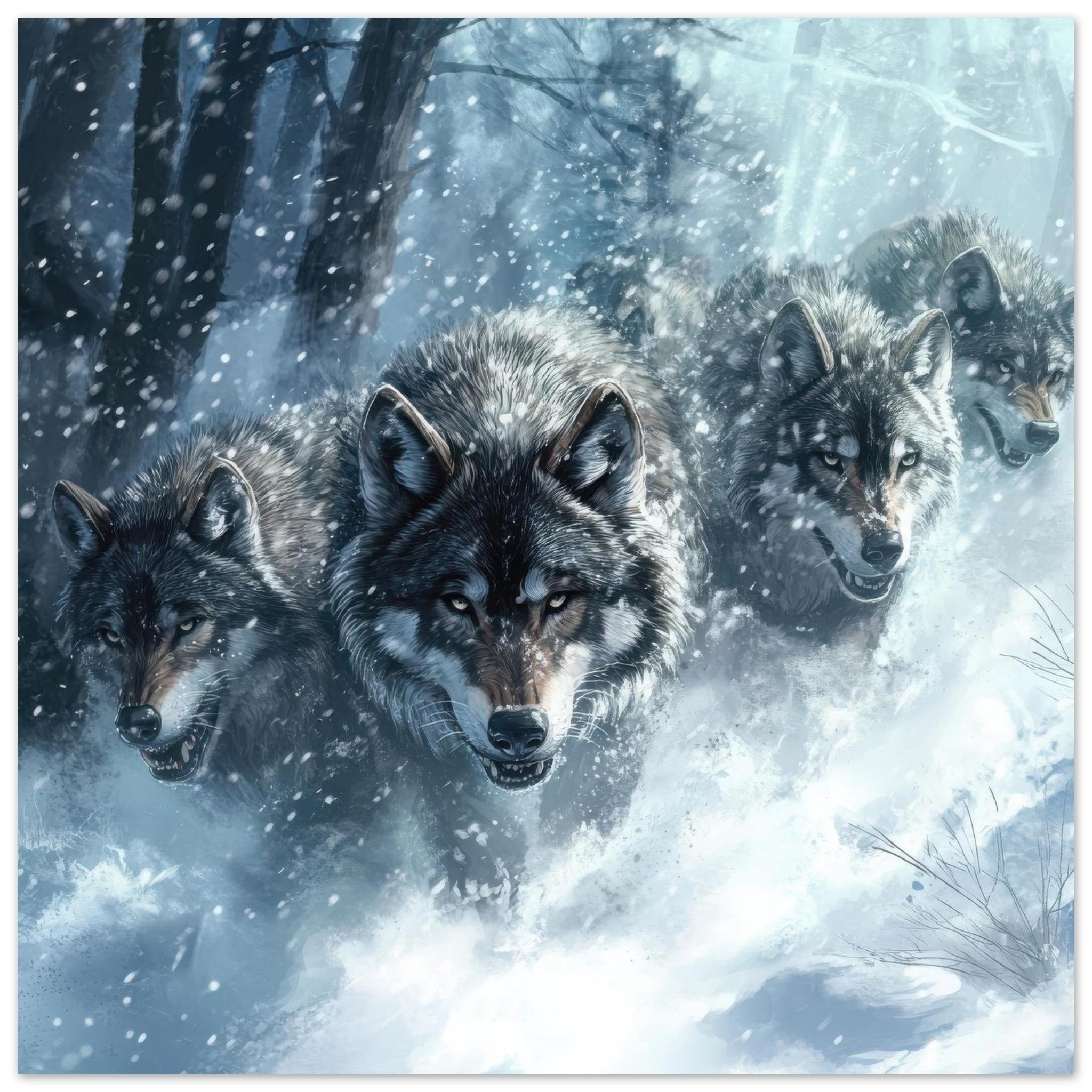 Fine Art Poster Square - Wolf Pack in the Snowy Wilderness - Shop Ai Art WebShop - Digital Art online Store