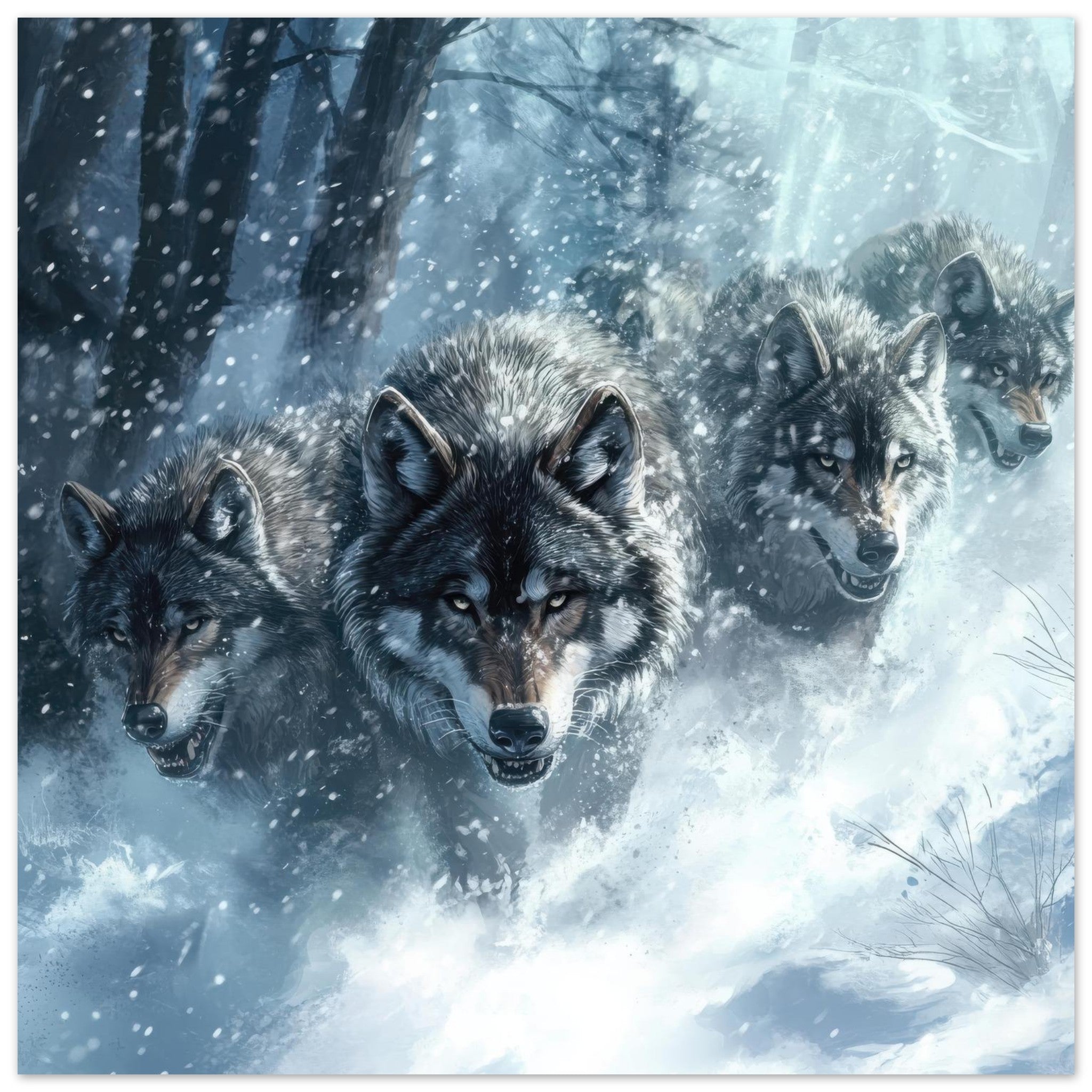 Fine Art Poster Square - Wolf Pack in the Snowy Wilderness - Shop Ai Art WebShop - Digital Art online Store