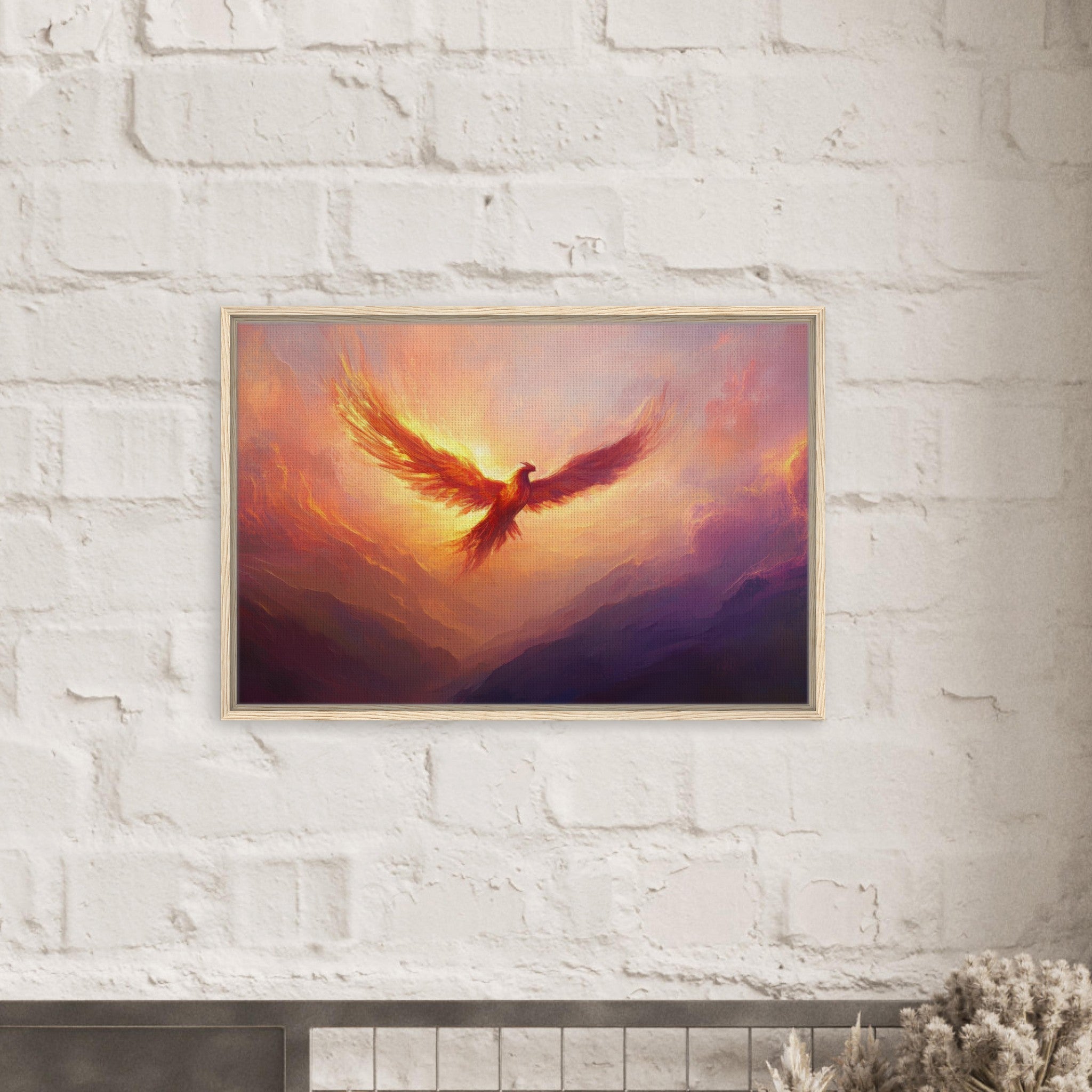 Framed Canvas Landscape - A celestial phoenix soars above a misty valley - Shop Ai Art WebShop - Digital Art online Store
