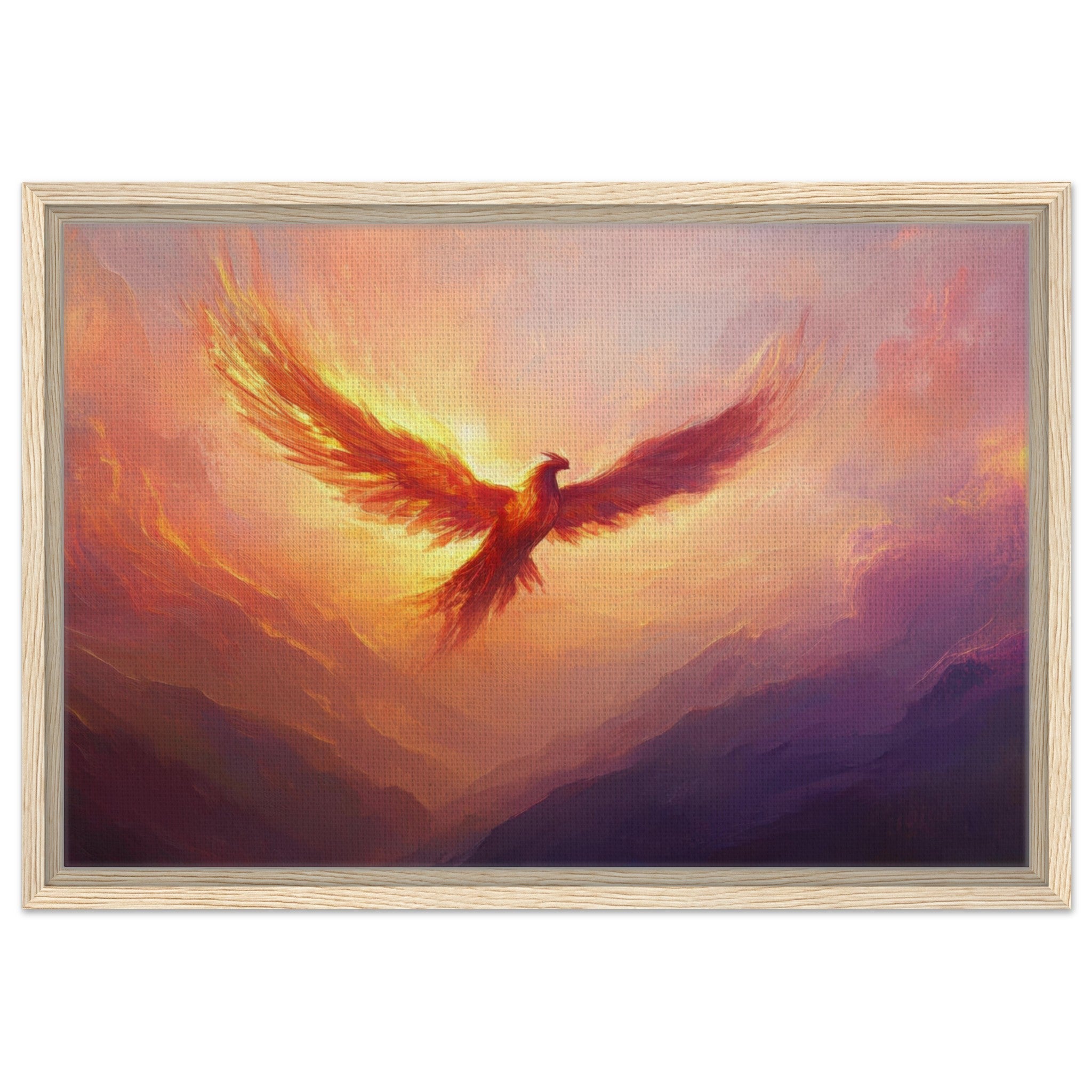 Framed Canvas Landscape - A celestial phoenix soars above a misty valley - Shop Ai Art WebShop - Digital Art online Store
