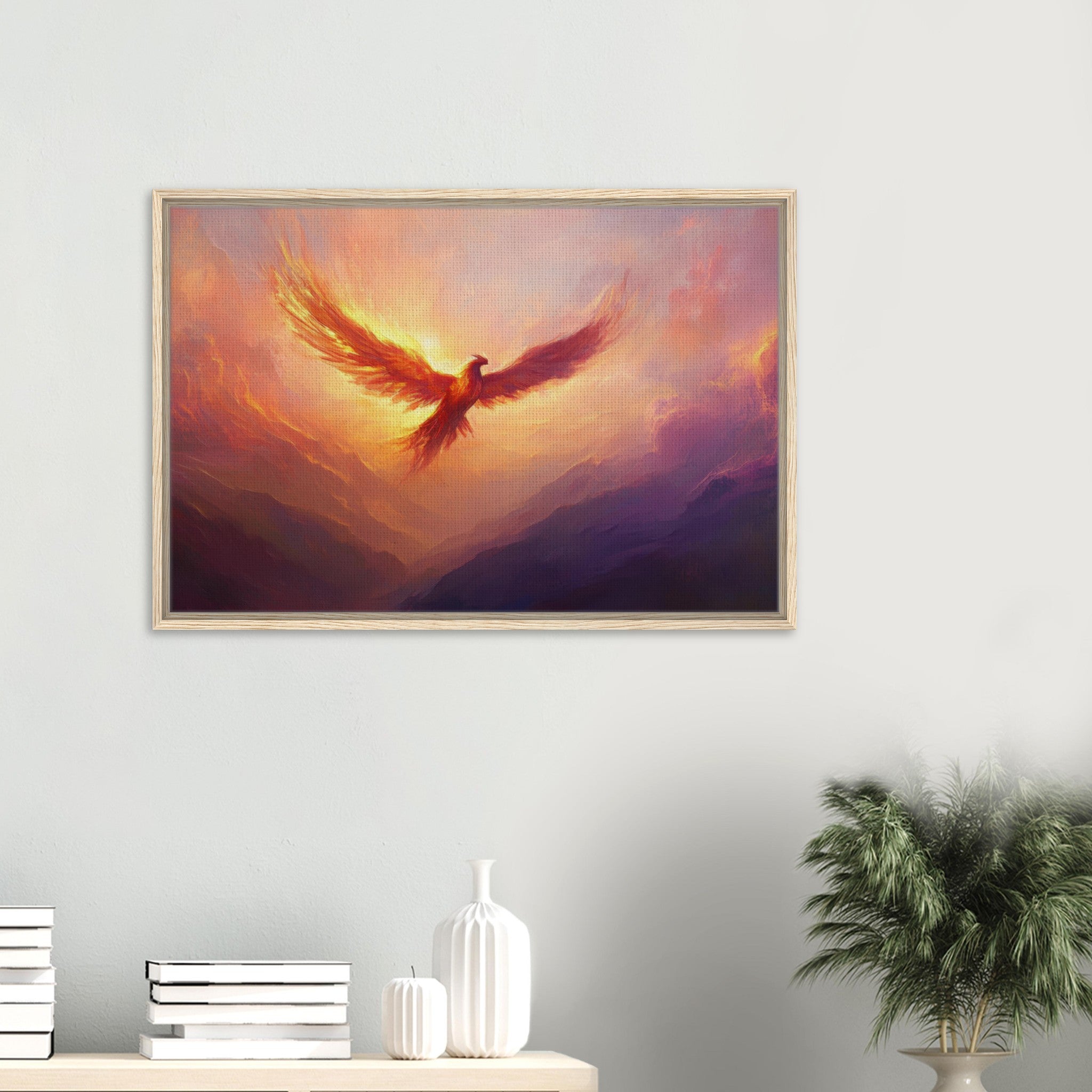Framed Canvas Landscape - A celestial phoenix soars above a misty valley - Shop Ai Art WebShop - Digital Art online Store