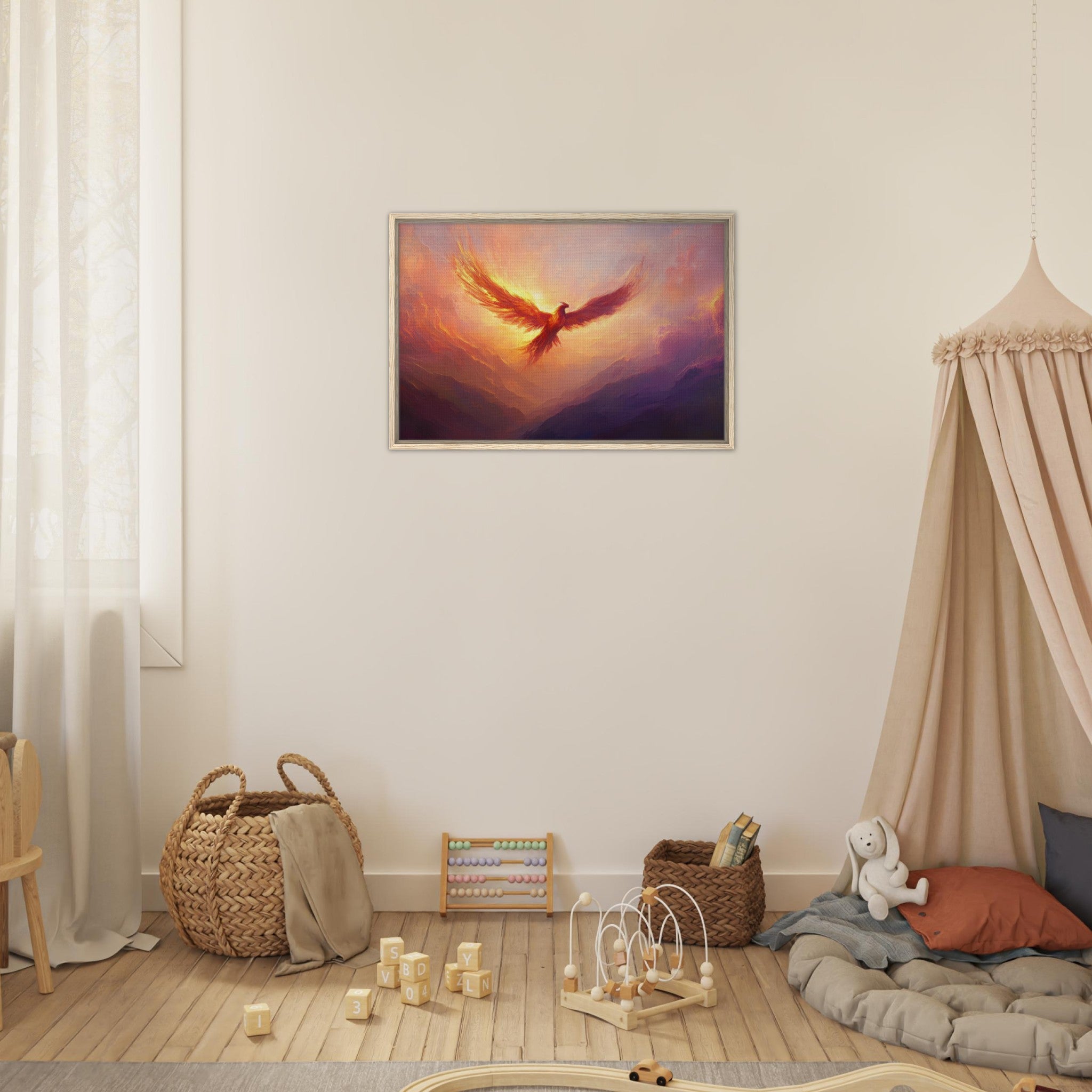 Framed Canvas Landscape - A celestial phoenix soars above a misty valley - Shop Ai Art WebShop - Digital Art online Store