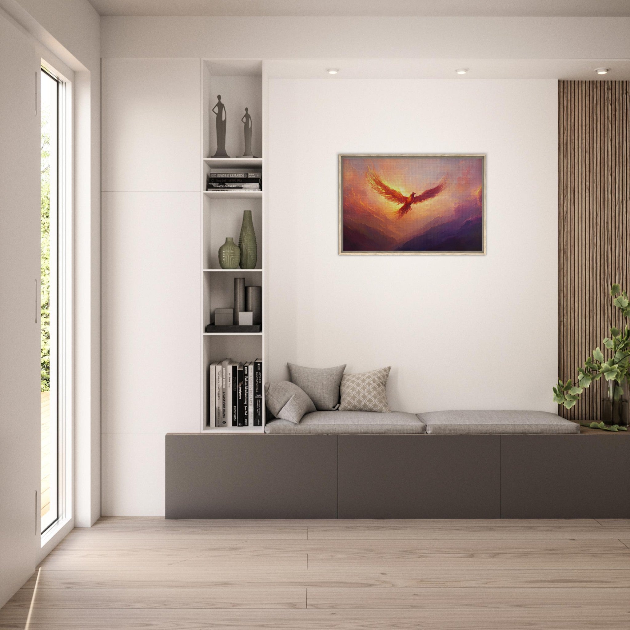 Framed Canvas Landscape - A celestial phoenix soars above a misty valley - Shop Ai Art WebShop - Digital Art online Store