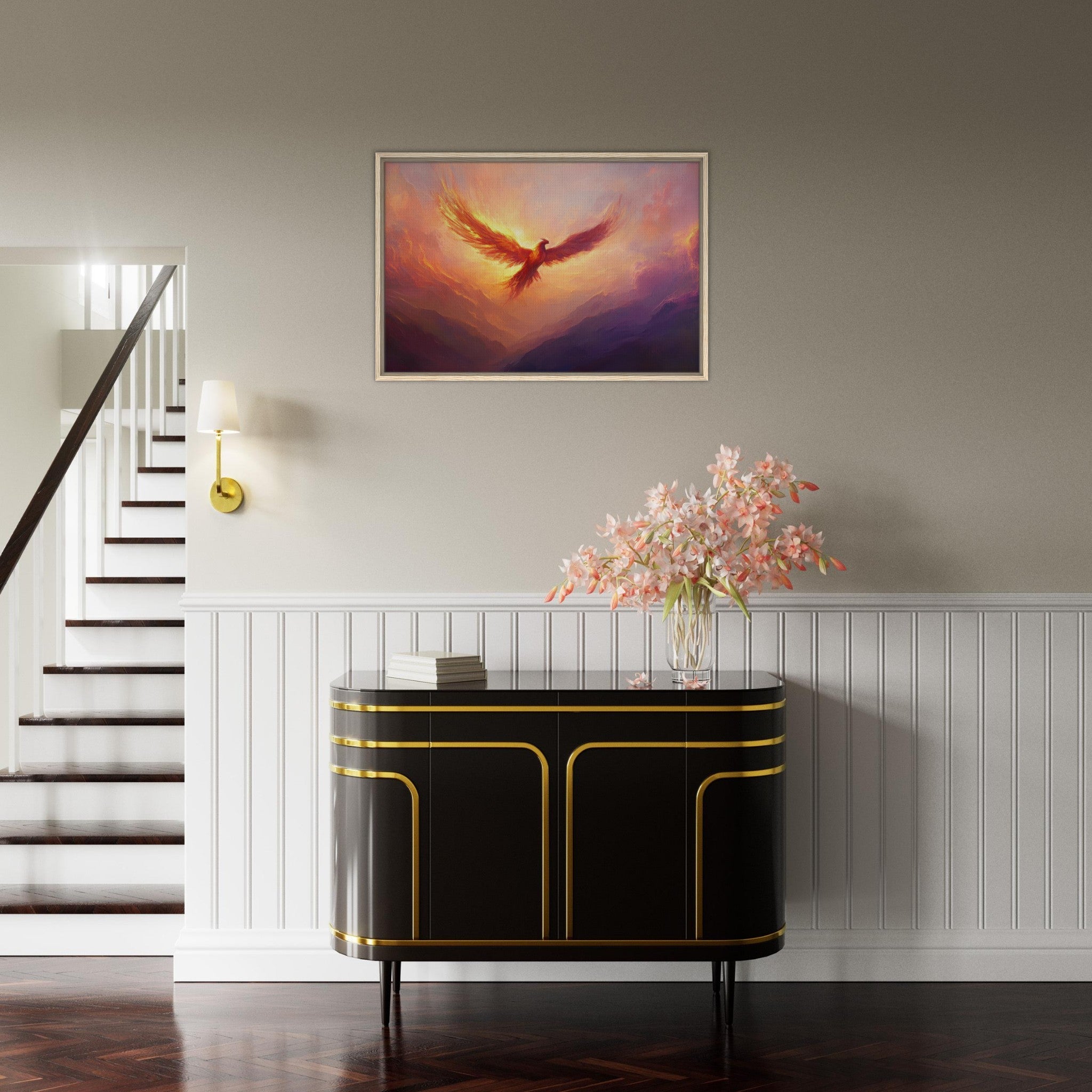 Framed Canvas Landscape - A celestial phoenix soars above a misty valley - Shop Ai Art WebShop - Digital Art online Store