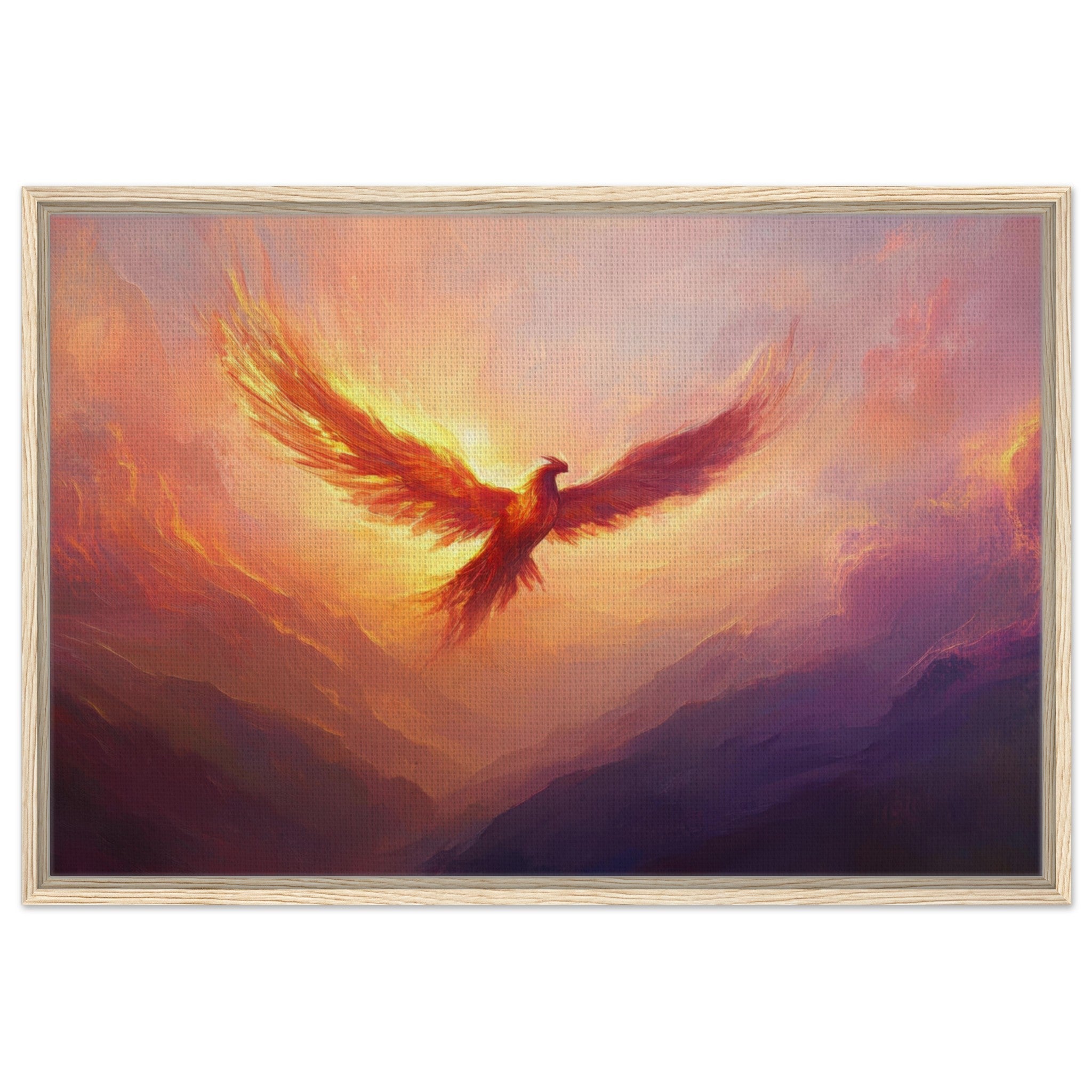 Framed Canvas Landscape - A celestial phoenix soars above a misty valley - Shop Ai Art WebShop - Digital Art online Store