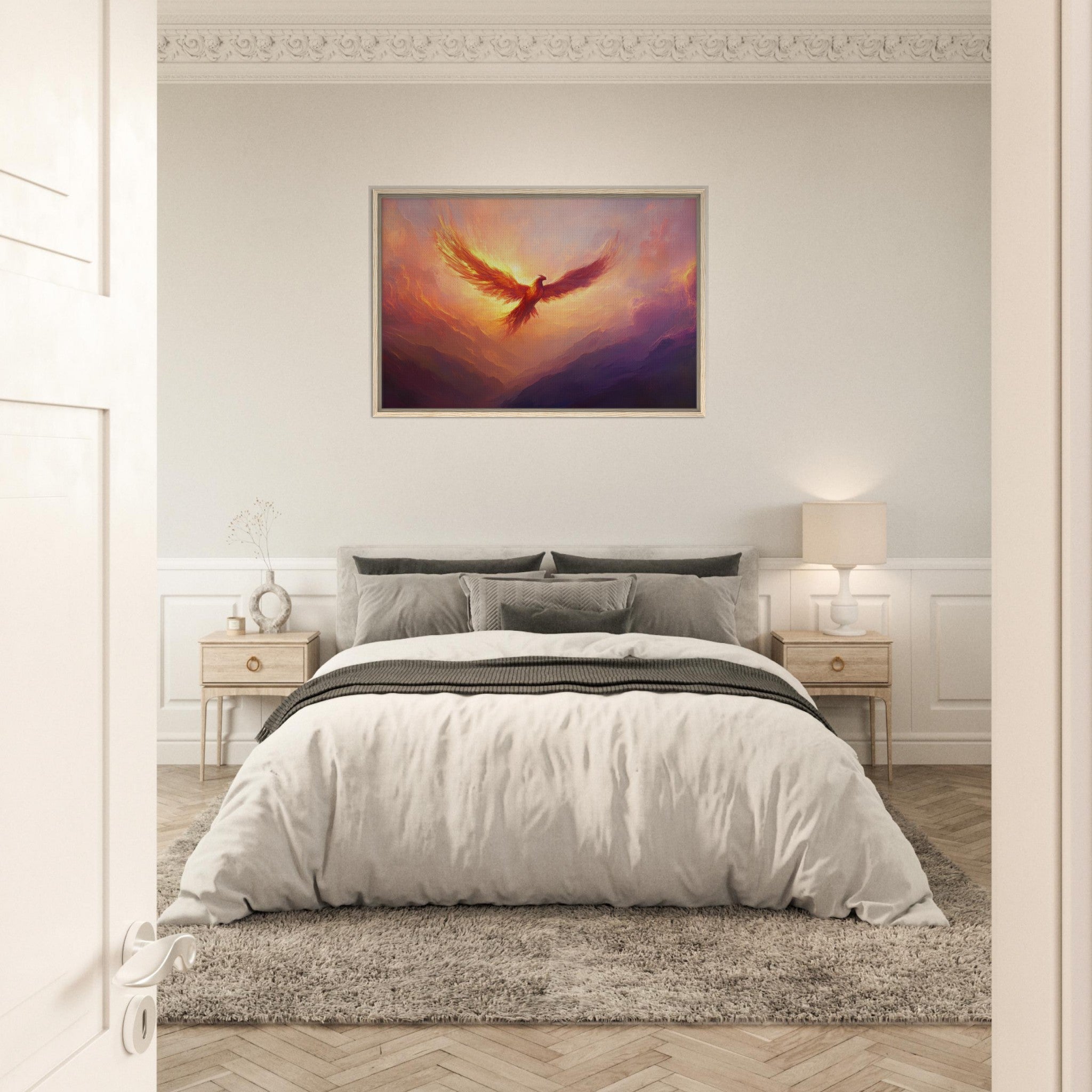 Framed Canvas Landscape - A celestial phoenix soars above a misty valley - Shop Ai Art WebShop - Digital Art online Store