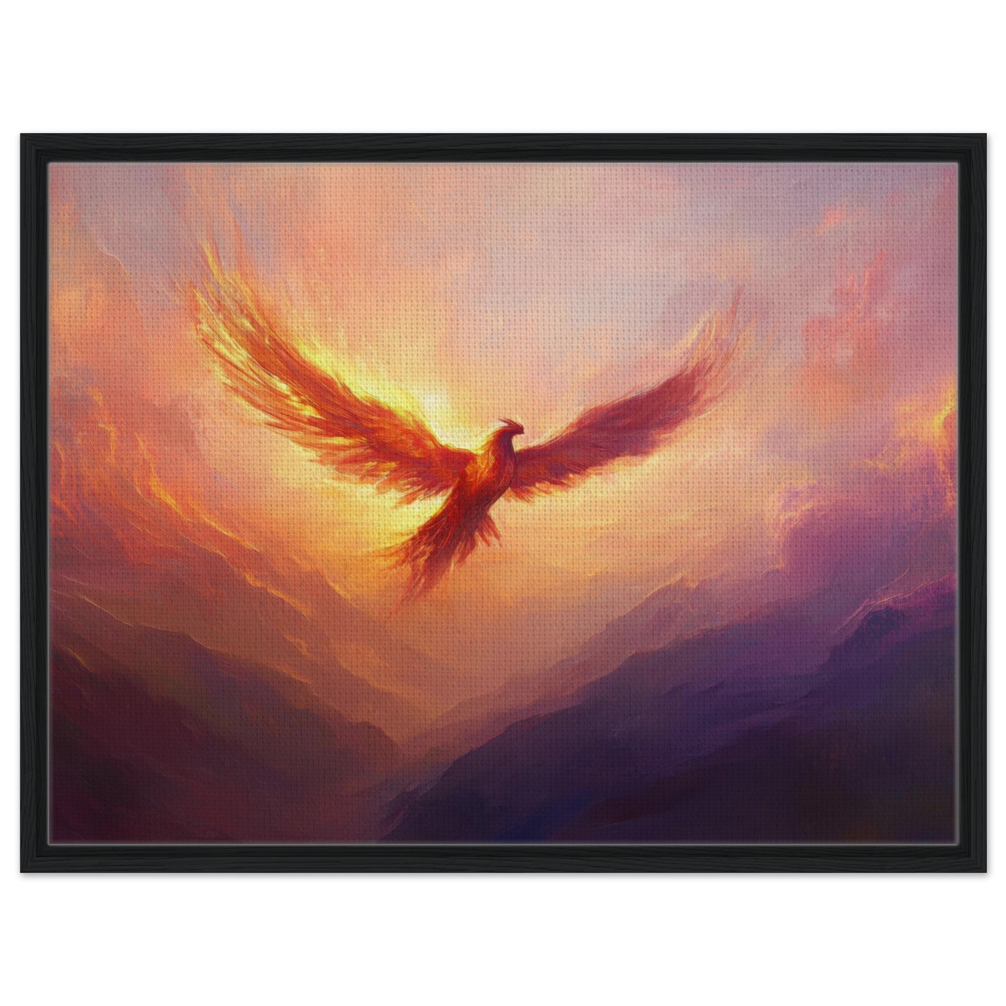 Framed Canvas Landscape - A celestial phoenix soars above a misty valley - Shop Ai Art WebShop - Digital Art online Store