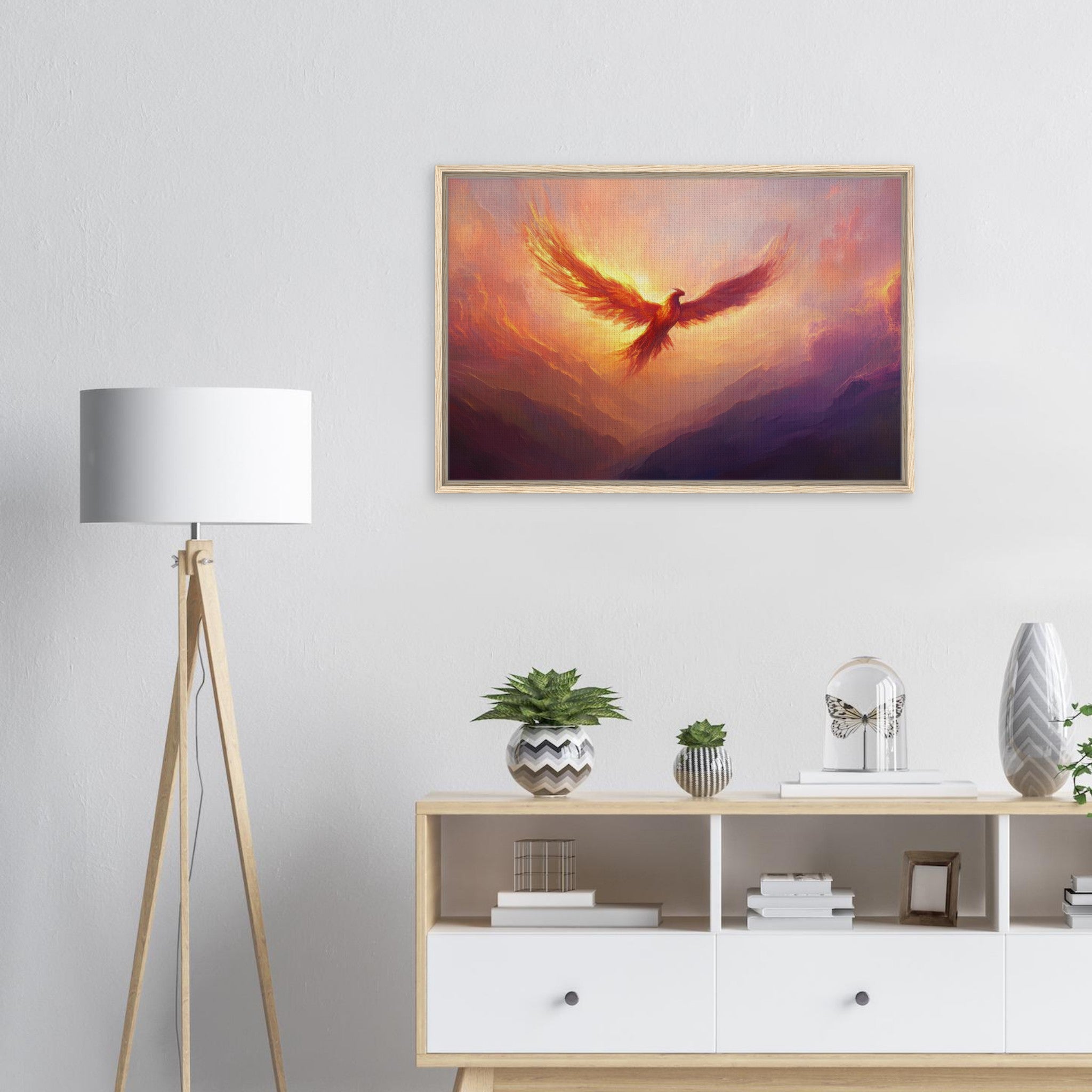 Framed Canvas Landscape - A celestial phoenix soars above a misty valley - Shop Ai Art WebShop - Digital Art online Store