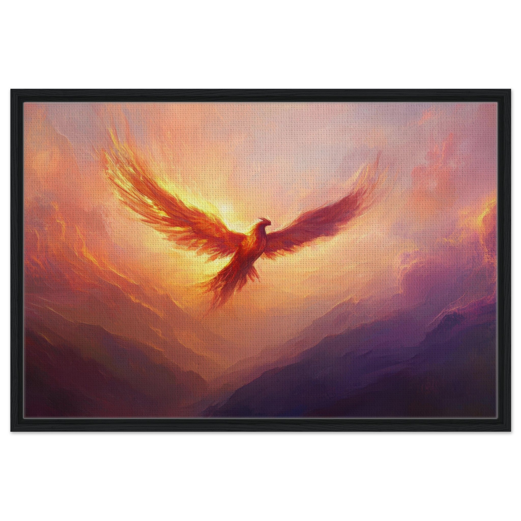 Framed Canvas Landscape - A celestial phoenix soars above a misty valley - Shop Ai Art WebShop - Digital Art online Store