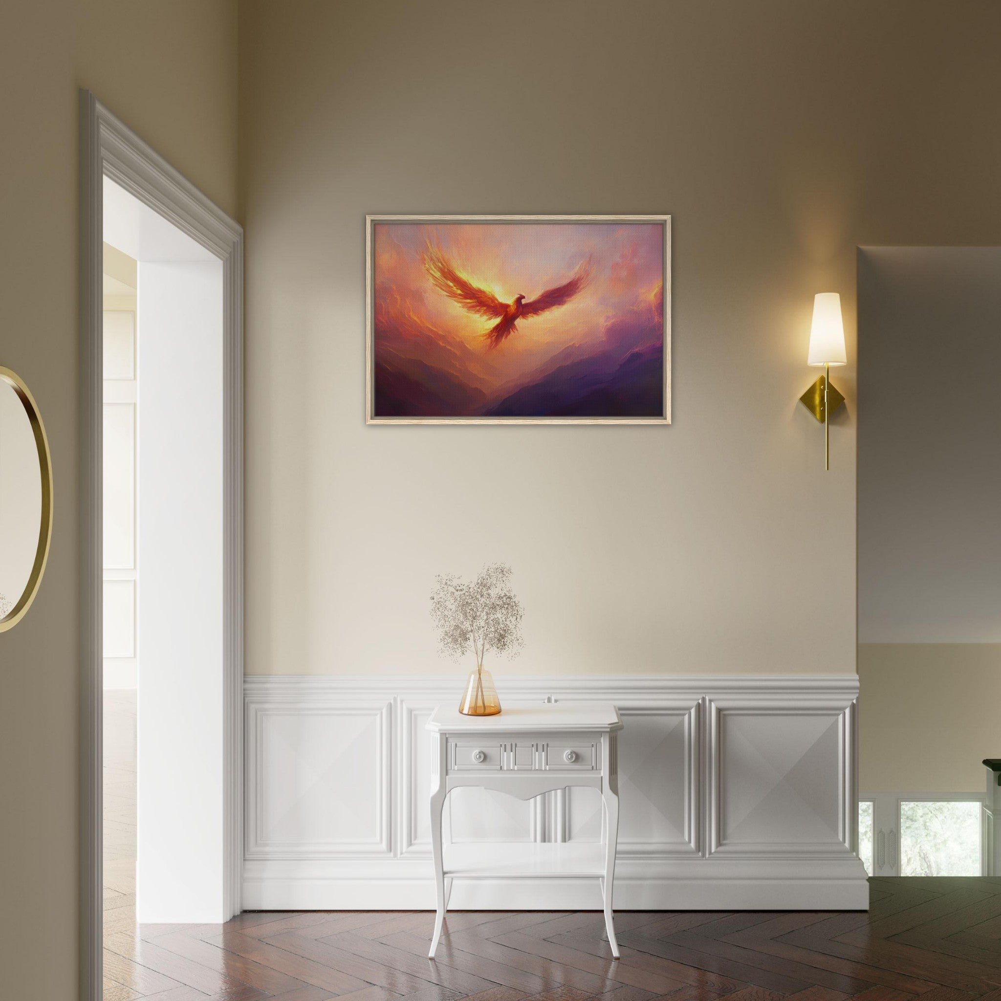 Framed Canvas Landscape - A celestial phoenix soars above a misty valley - Shop Ai Art WebShop - Digital Art online Store