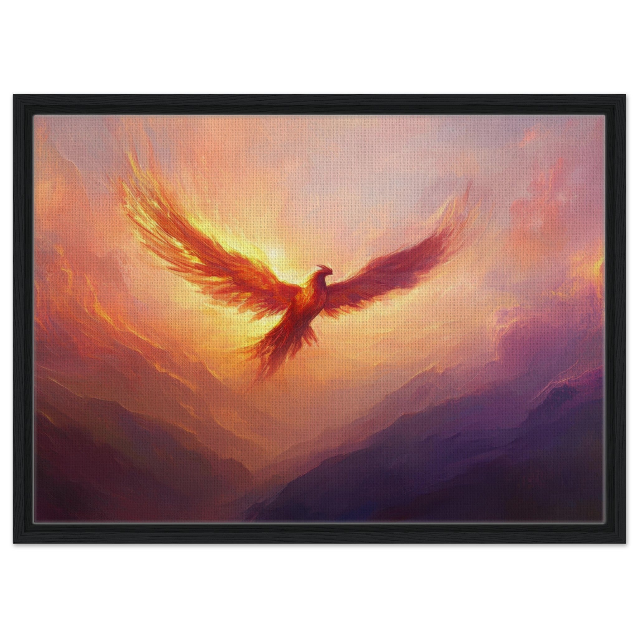 Framed Canvas Landscape - A celestial phoenix soars above a misty valley - Shop Ai Art WebShop - Digital Art online Store