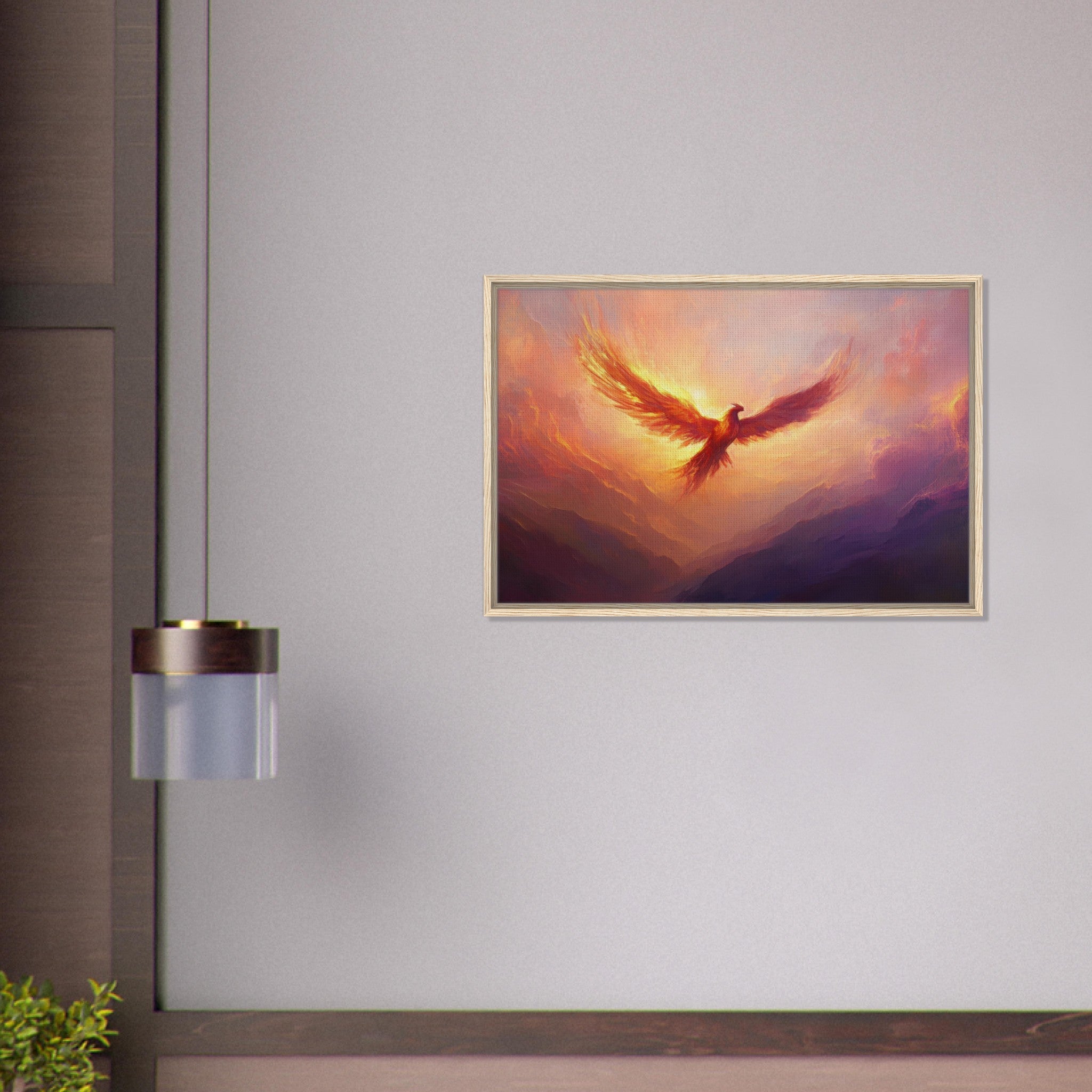 Framed Canvas Landscape - A celestial phoenix soars above a misty valley - Shop Ai Art WebShop - Digital Art online Store