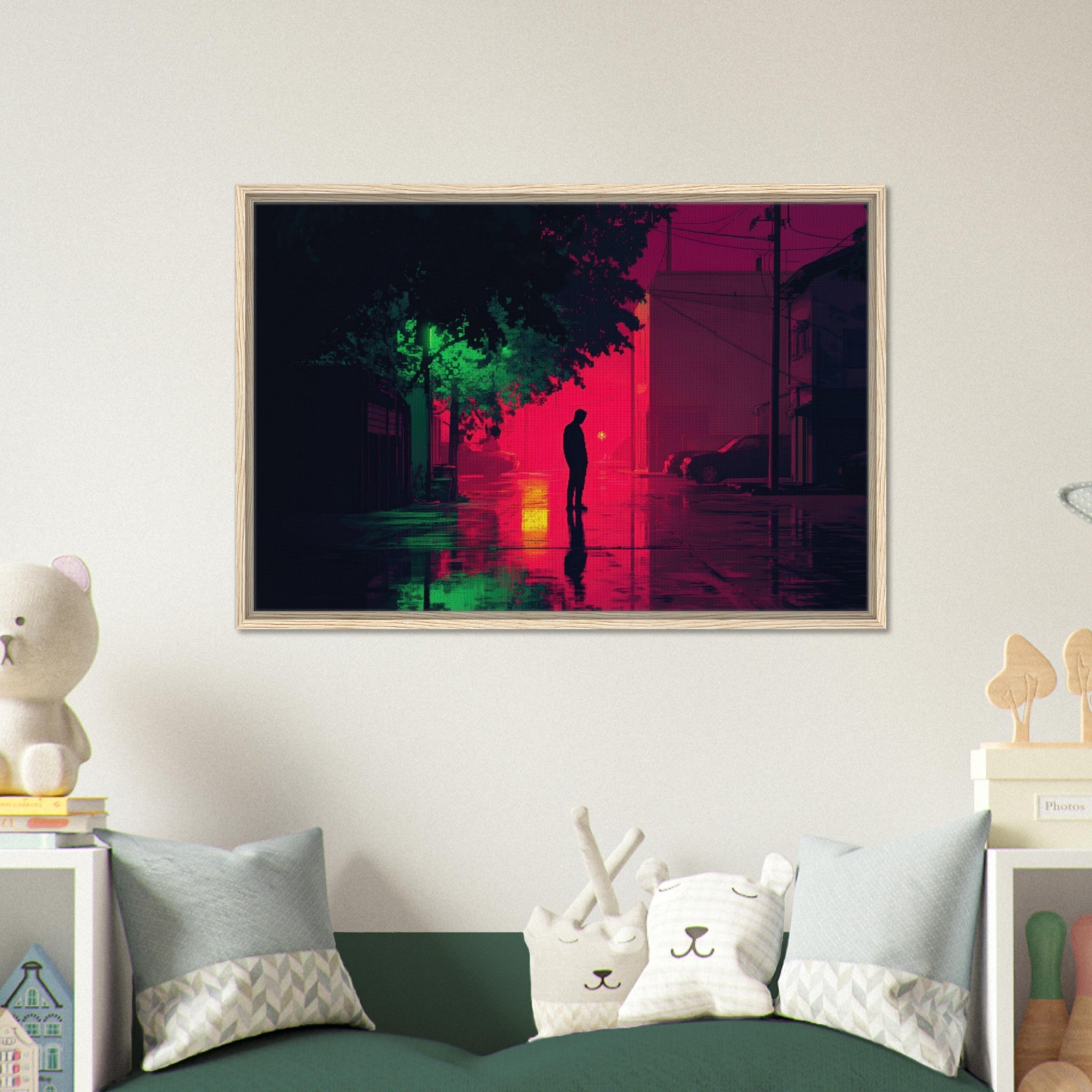 Framed Canvas Landscape - A city where neon lights create impossible rifle 4 - Shop Ai Art WebShop - Digital Art online Store