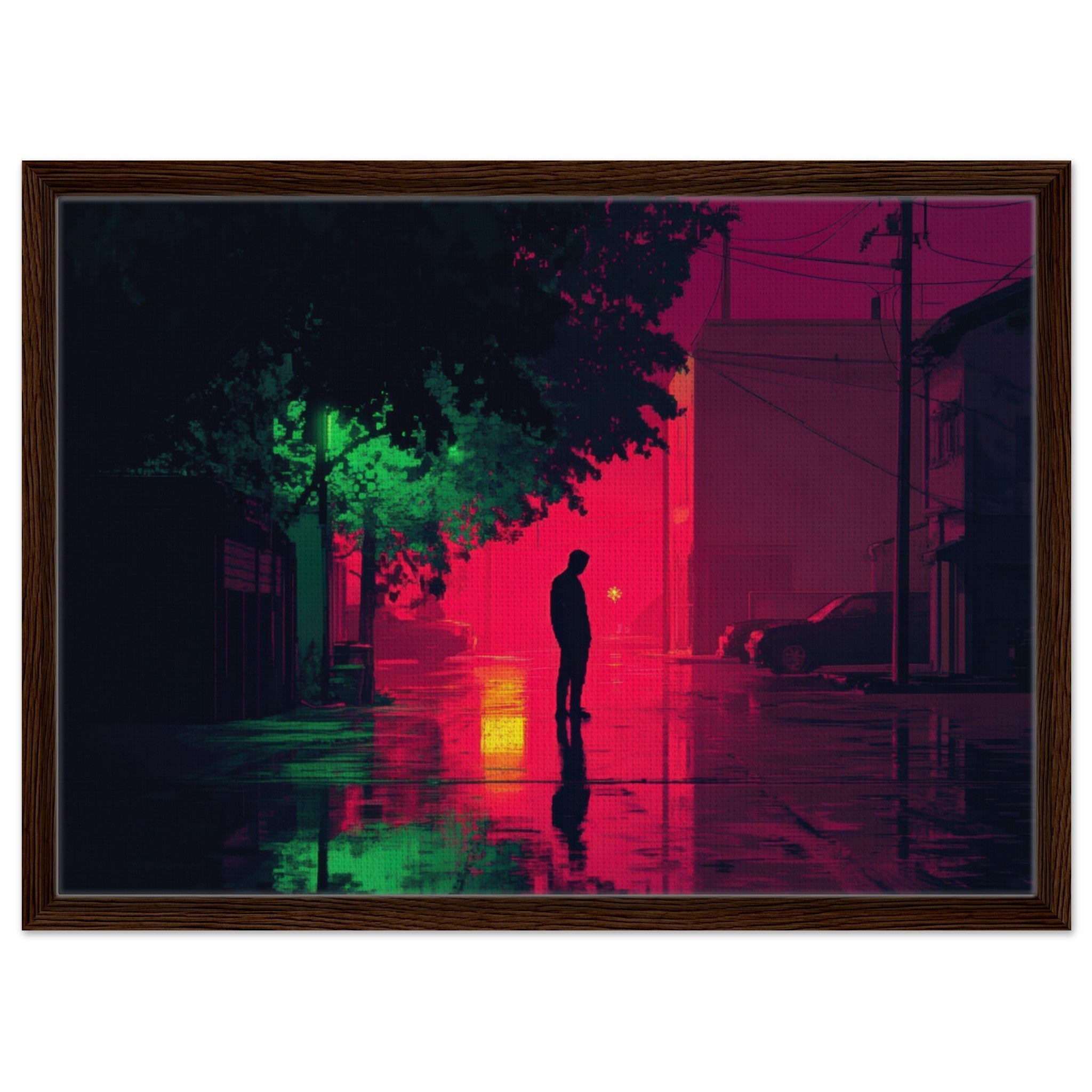 Framed Canvas Landscape - A city where neon lights create impossible rifle 4 - Shop Ai Art WebShop - Digital Art online Store